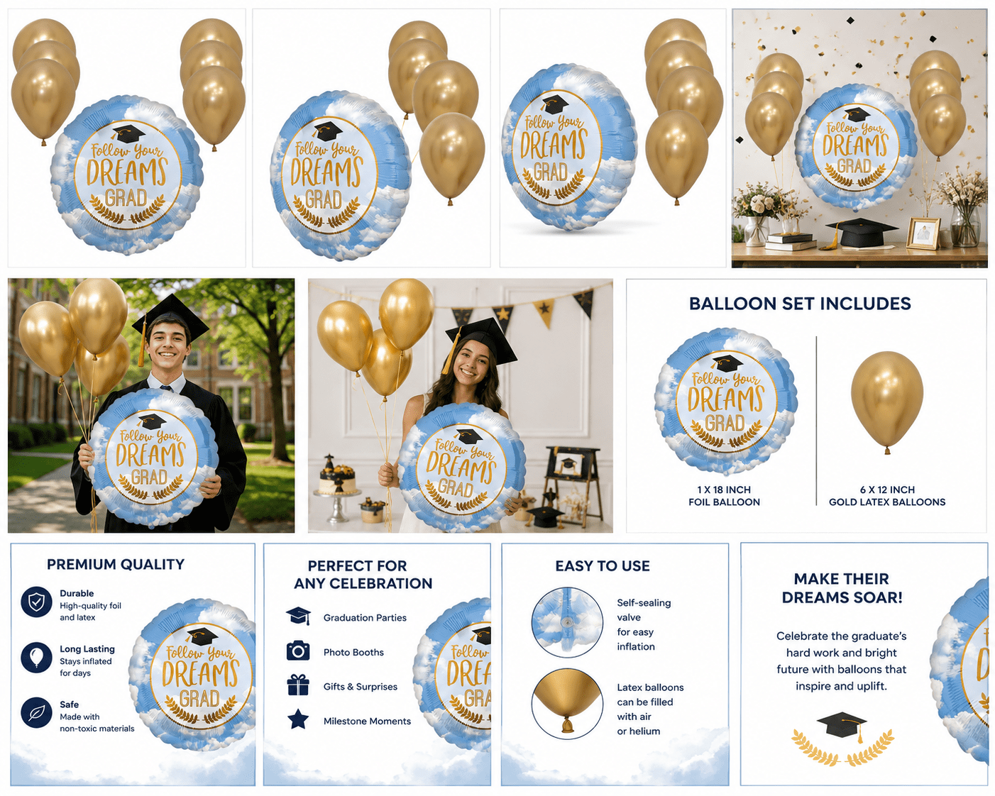 LoonBalloon Graduation Party Balloon Set (Blue, 18 in, 7 Piece) fjxlf