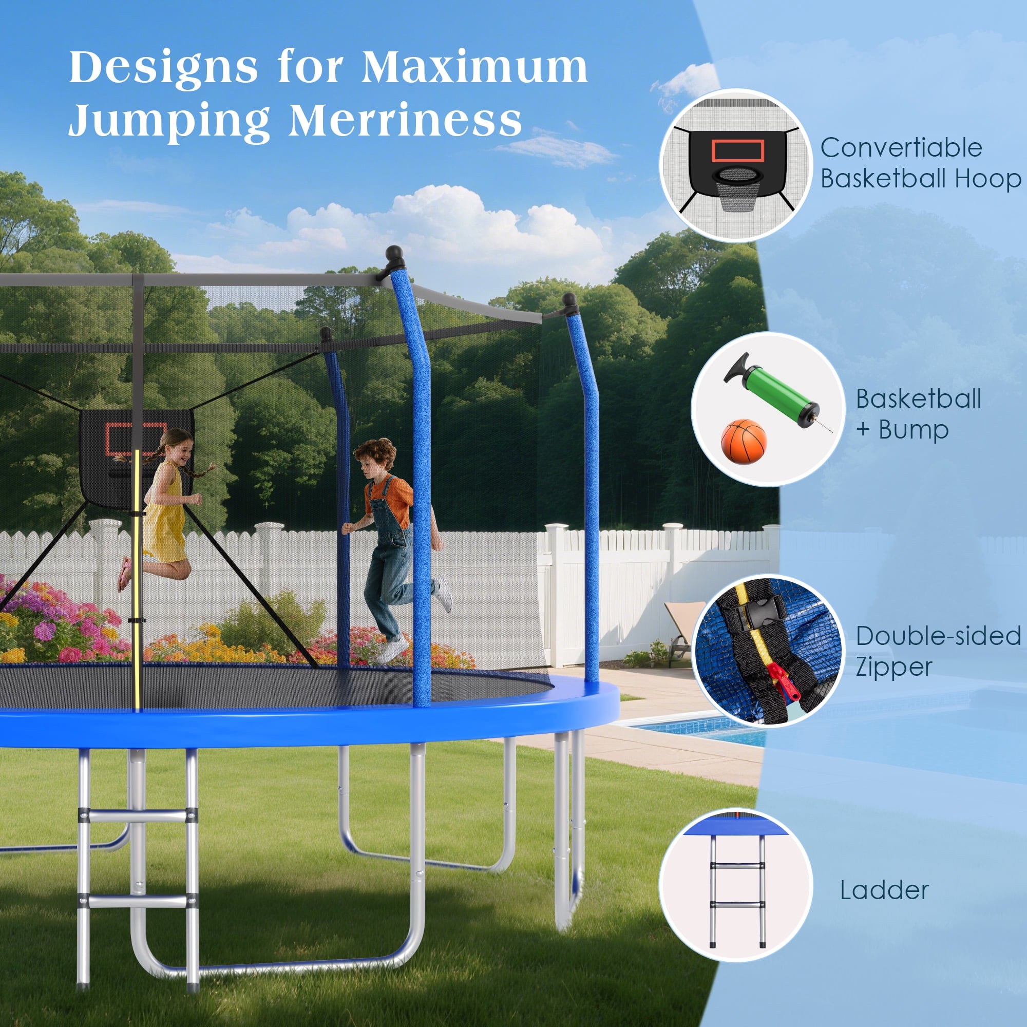 Euroco 14ft Outdoor Round Trampoline with LED Lights, Basketball Hoop, Enclosure Net & Ladder (Blue, 14 ft) 9qv5v