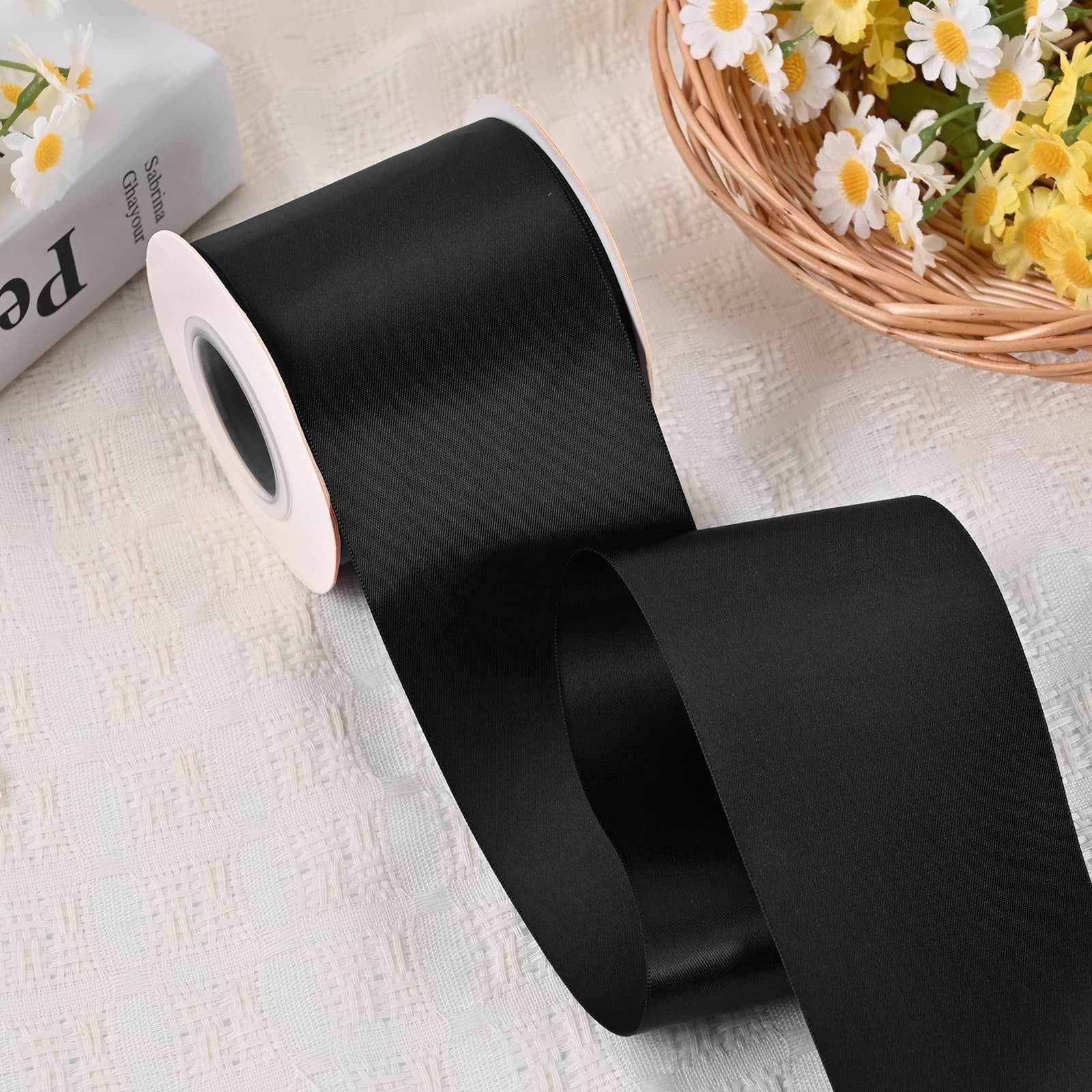 LEEQE Double Face Satin Ribbon for Gift Wrapping and Crafting (Black, 3 in x 45 ft) cj4dj