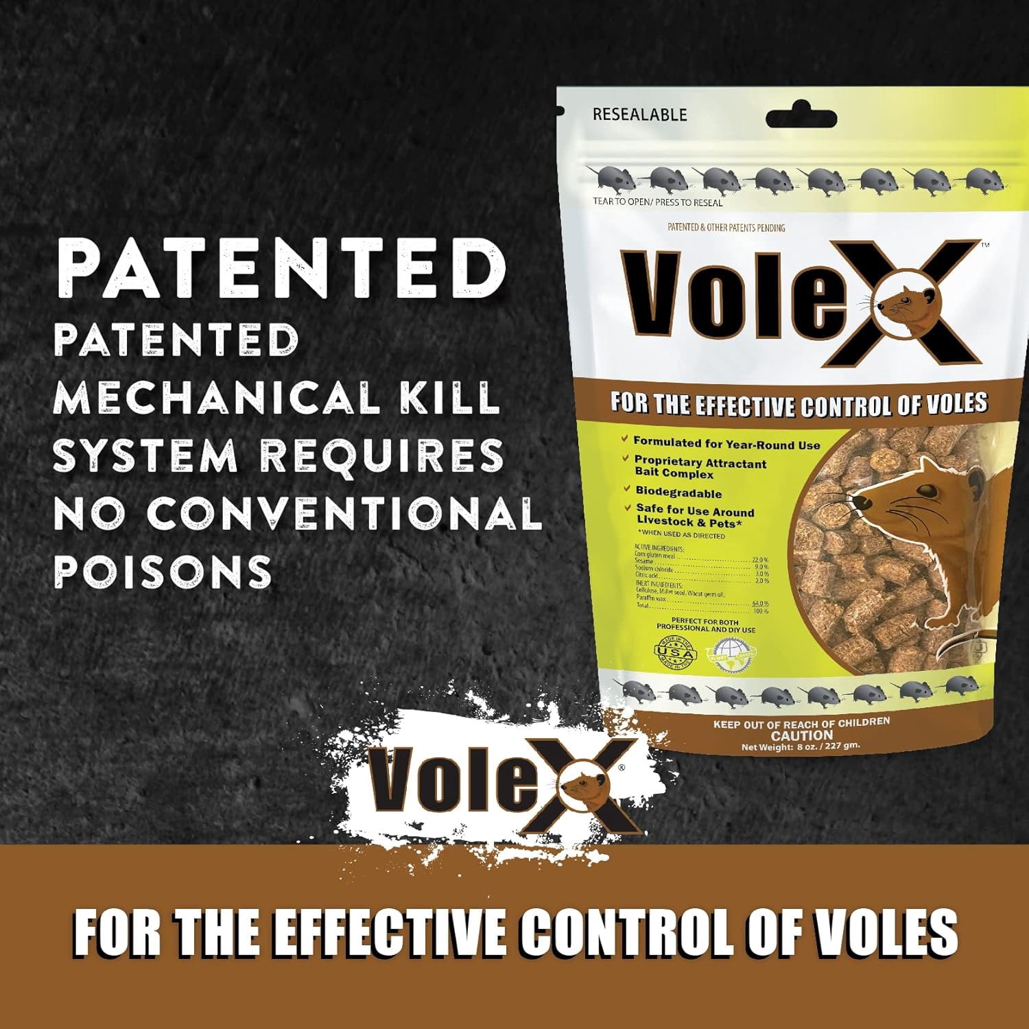 VoleX Vole Killer and Repellent Bait Pellets (Natural Mechanical Action, 8 oz) rzv69