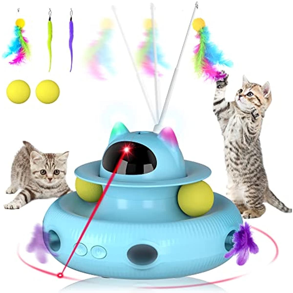 Cornmi 4-in-1 Interactive Cat Toy with Laser and Retractable Feather Wand (Blue, 1 Unit) l7f8q