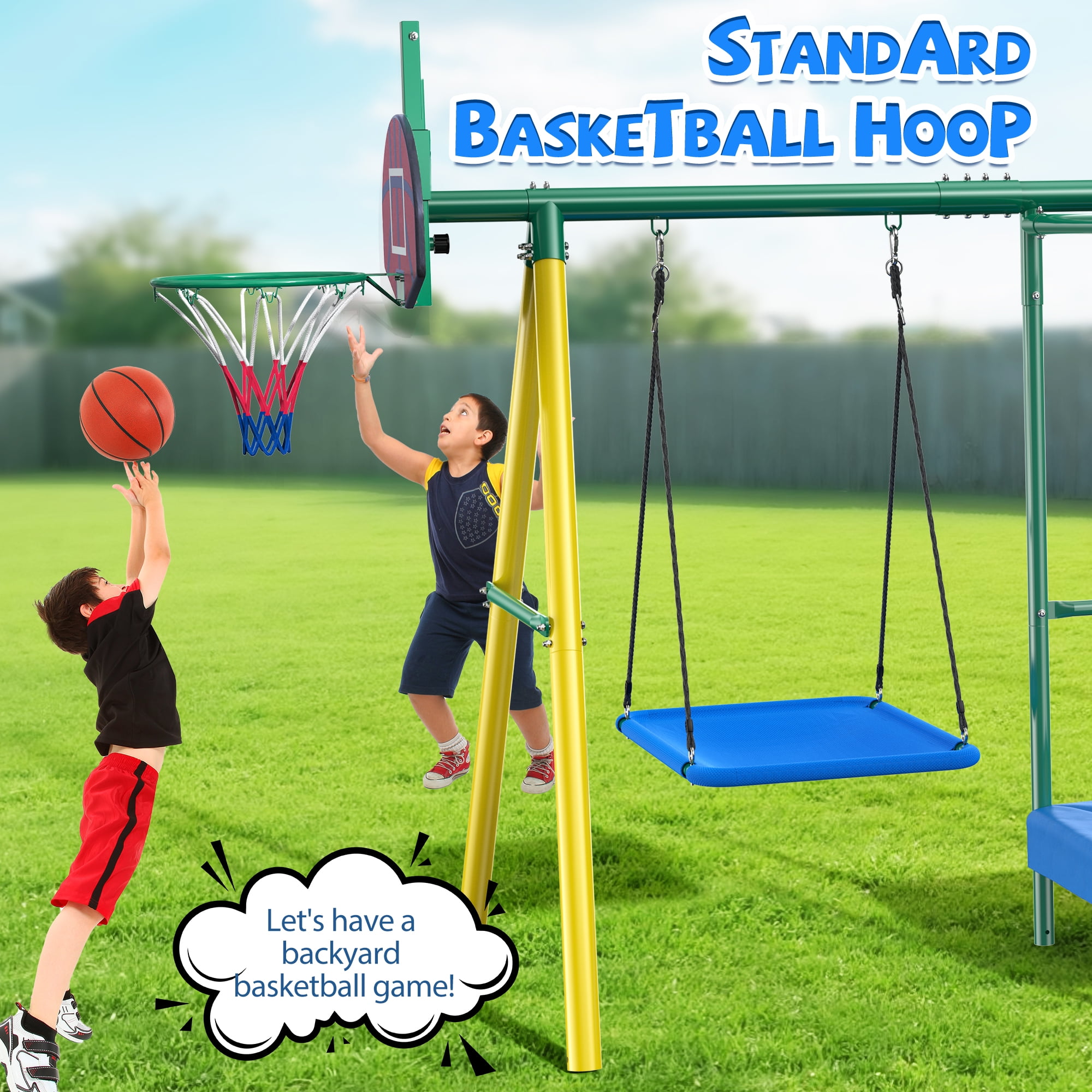 Easoger Metal Swing Set for Backyard, Heavy-Duty Outdoor Kids Playset with Trampoline, Platform Swing, 2 Swings and Basketball Hoop (11.1 ft L x 8.3 ft W x 6.1 ft H) mry3p