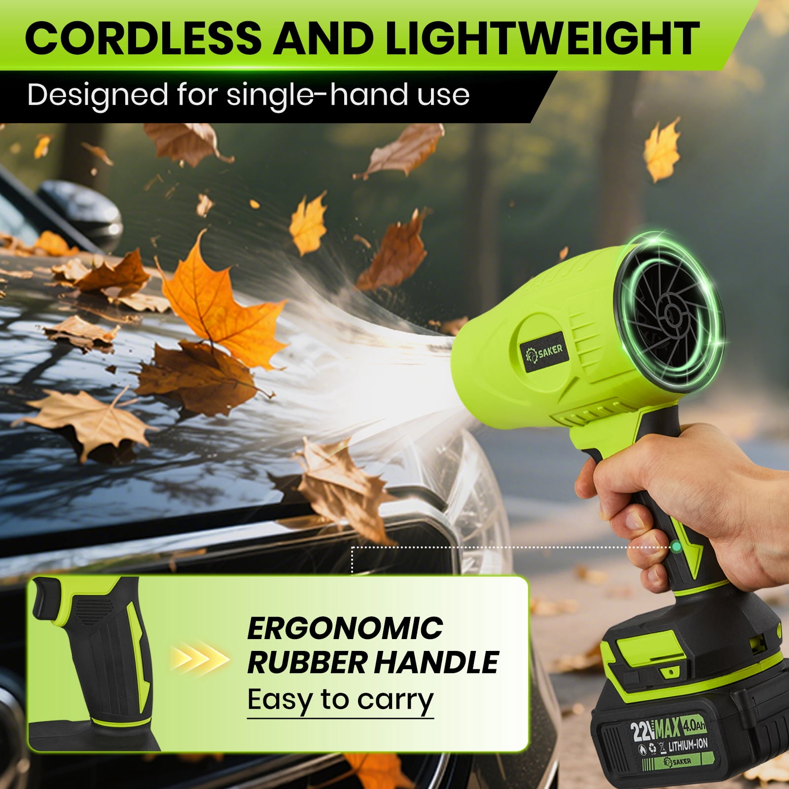 Saker Electric Cordless Leaf Blower with Adjustable Speed and Dual 4.0Ah Batteries (Green, 2.2 lb) izxl9