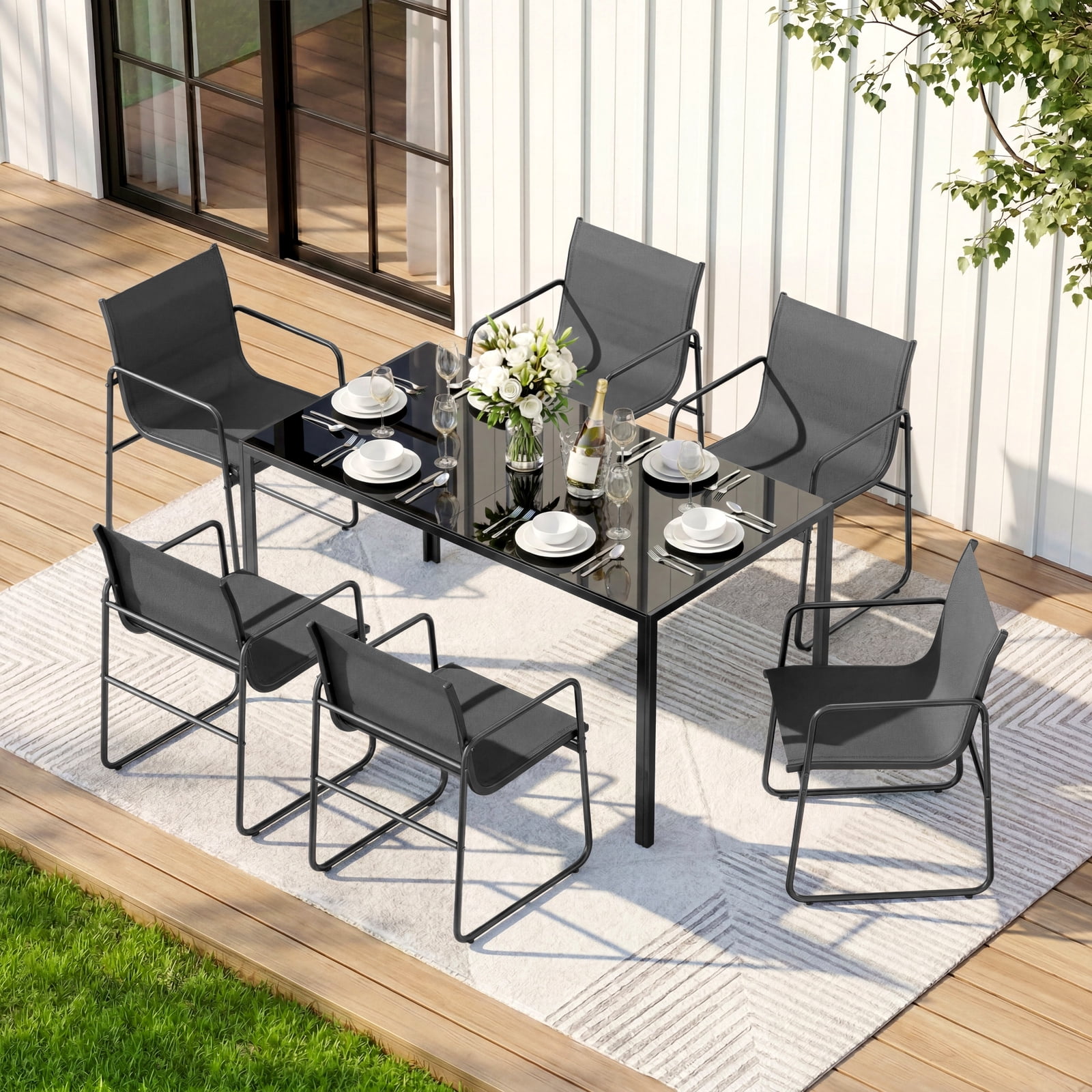 Vitarpatio 7-Piece Outdoor Patio Dining Set with 6 Textilene Chairs and Glass Table (Black, 7-Piece Set) l57ce