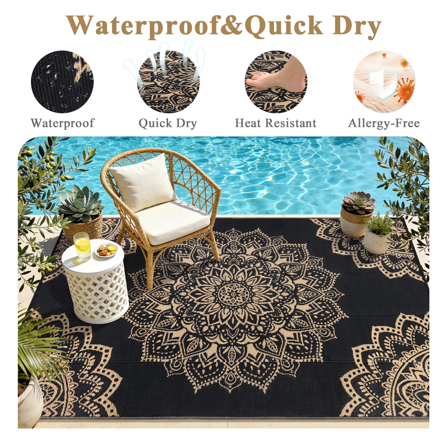 Findosom Reversible Outdoor Rug, Waterproof Plastic Straw Area Rug for Patio, RV, Camping, and Beach (Black, 6 ft x 9 ft) jgr0q