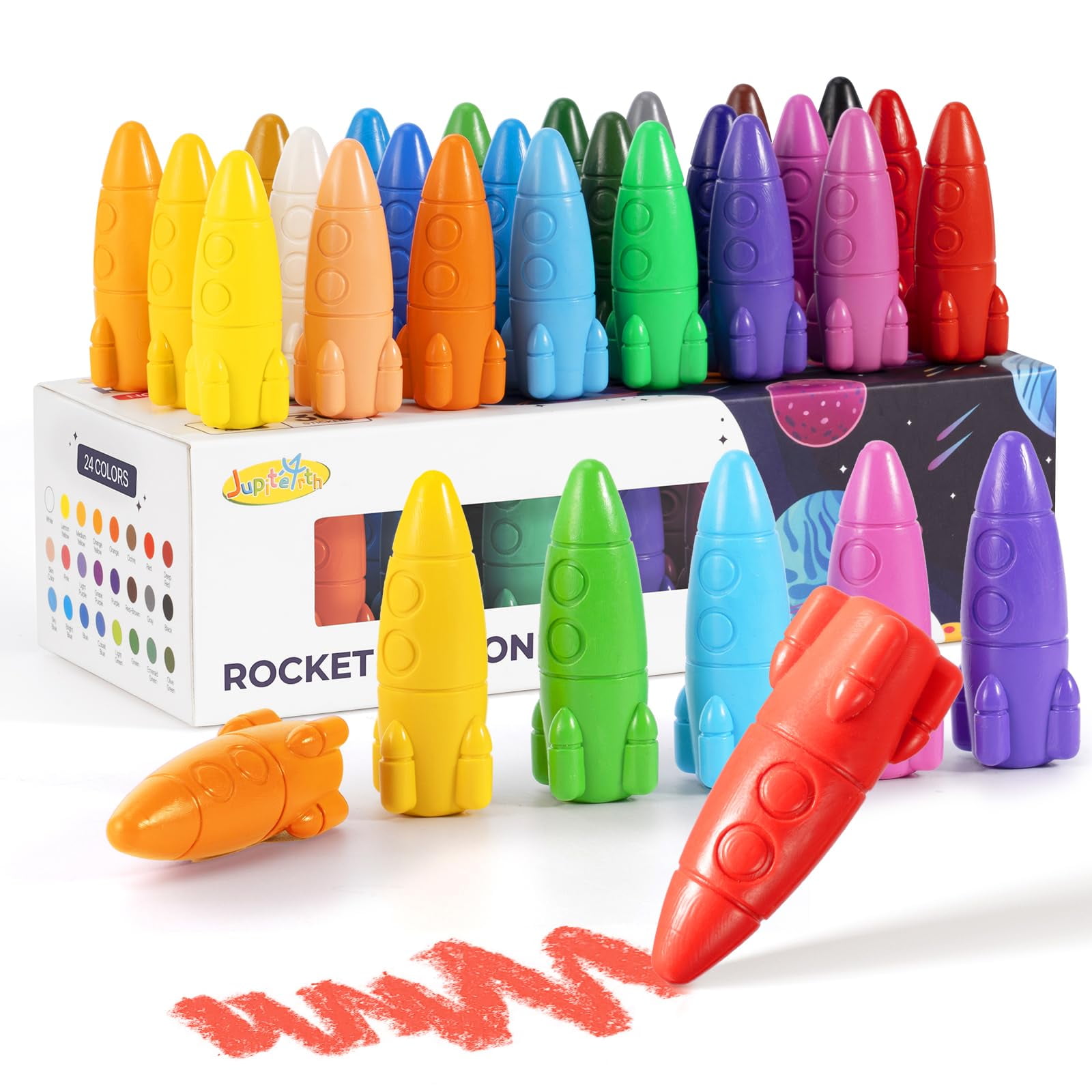 Jupitearth Washable Rocket Crayons for Toddlers, Non-Toxic Easy-to-Hold Art Supplies for Kids (Multicolor, 24 Ct) kl35i