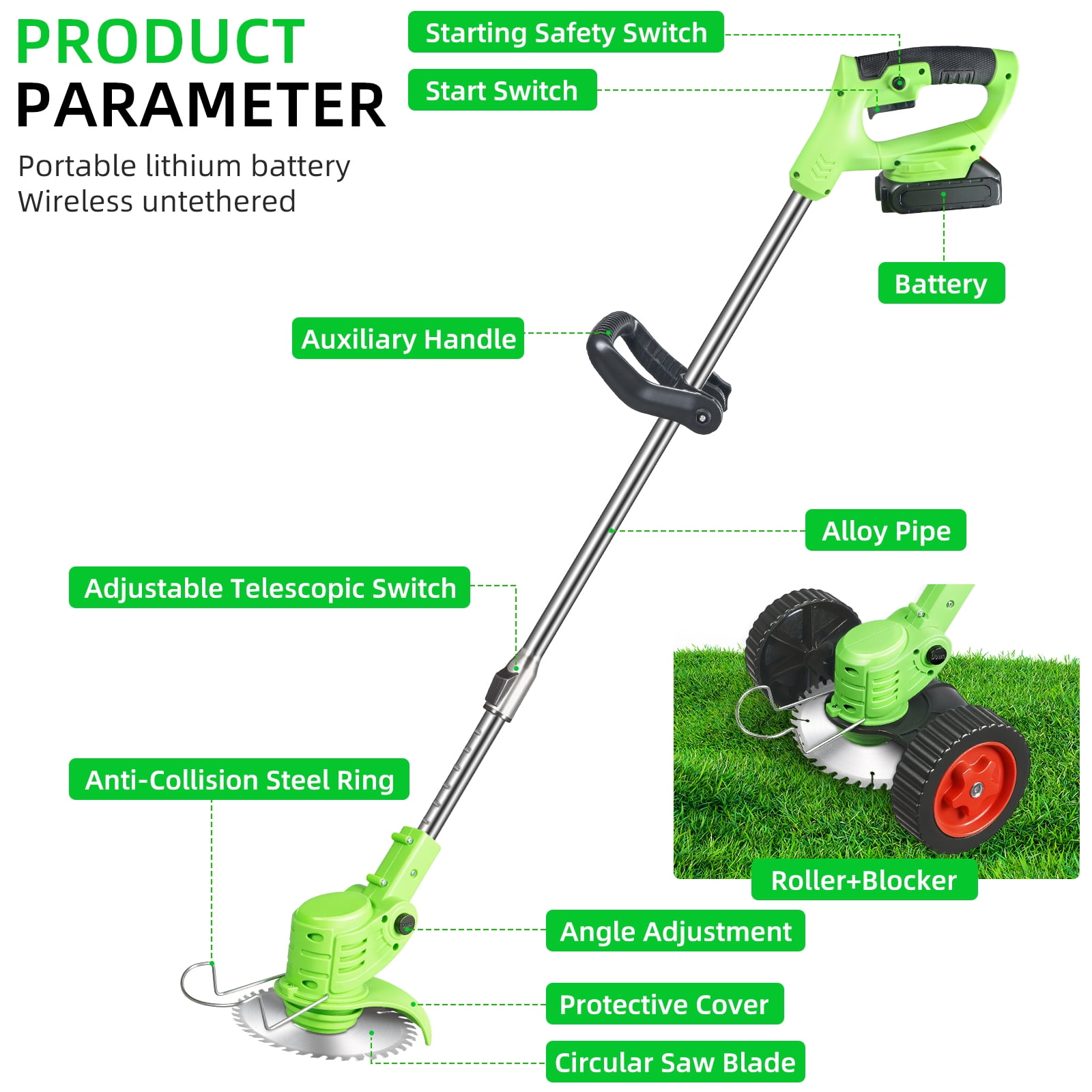 Paddsun Electric Cordless Lawn Trimmer, 21V Weed Wacker with Wheels and Adjustable Handle (Green, 47.2 in) mnmji