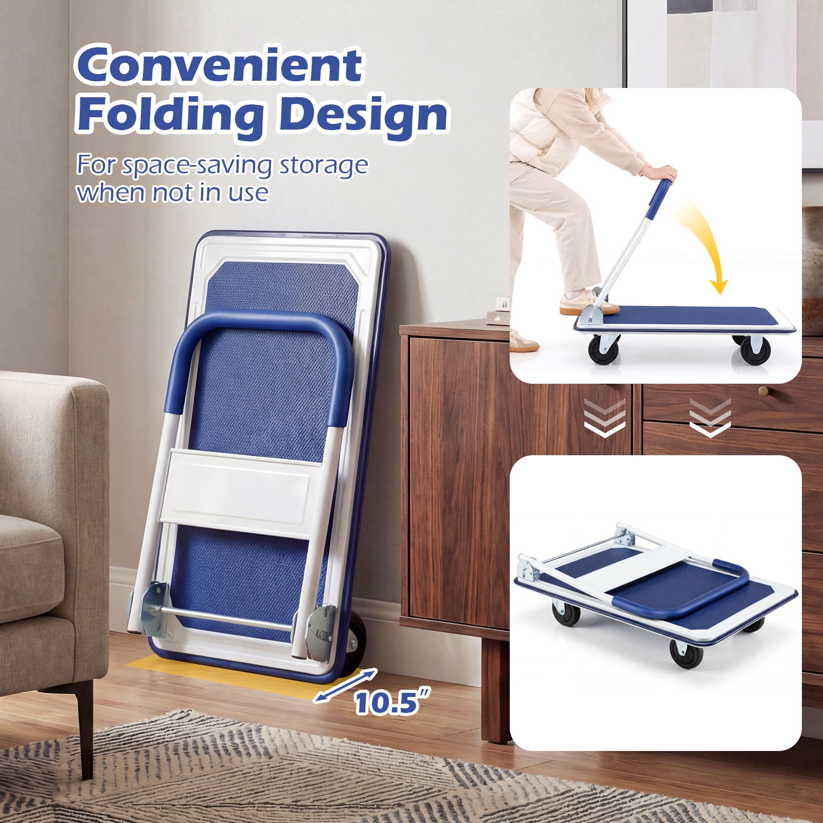 Costway Heavy-Duty Platform Cart Dolly with Folding Handle (Blue, 660 lb) 7f1bs