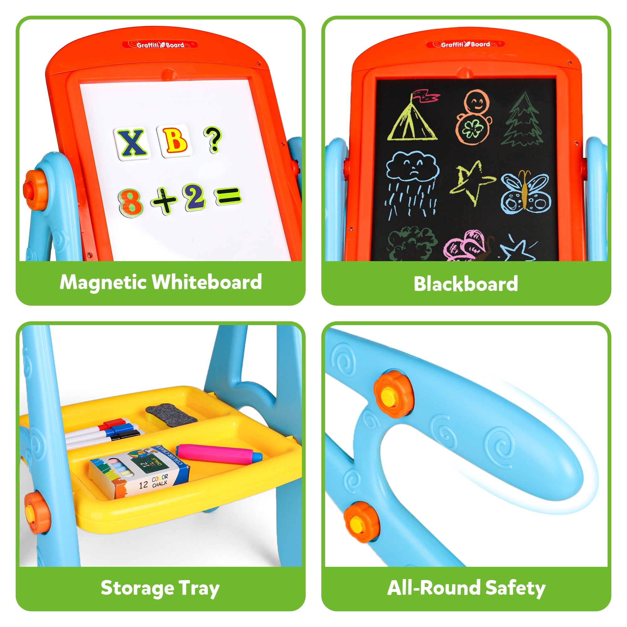 Freecat Kids Art Easel, Double Sided Magnetic Whiteboard and Chalkboard Drawing Station (White) 67pv2