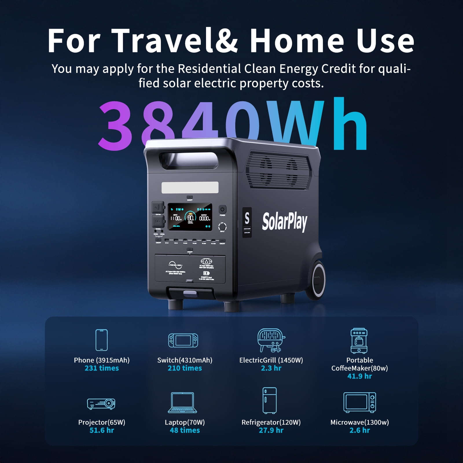 SOLARPLAY Portable Power Station 3600W LiFePO4 Battery Solar Generator (Black, 3840Wh) rcb9l