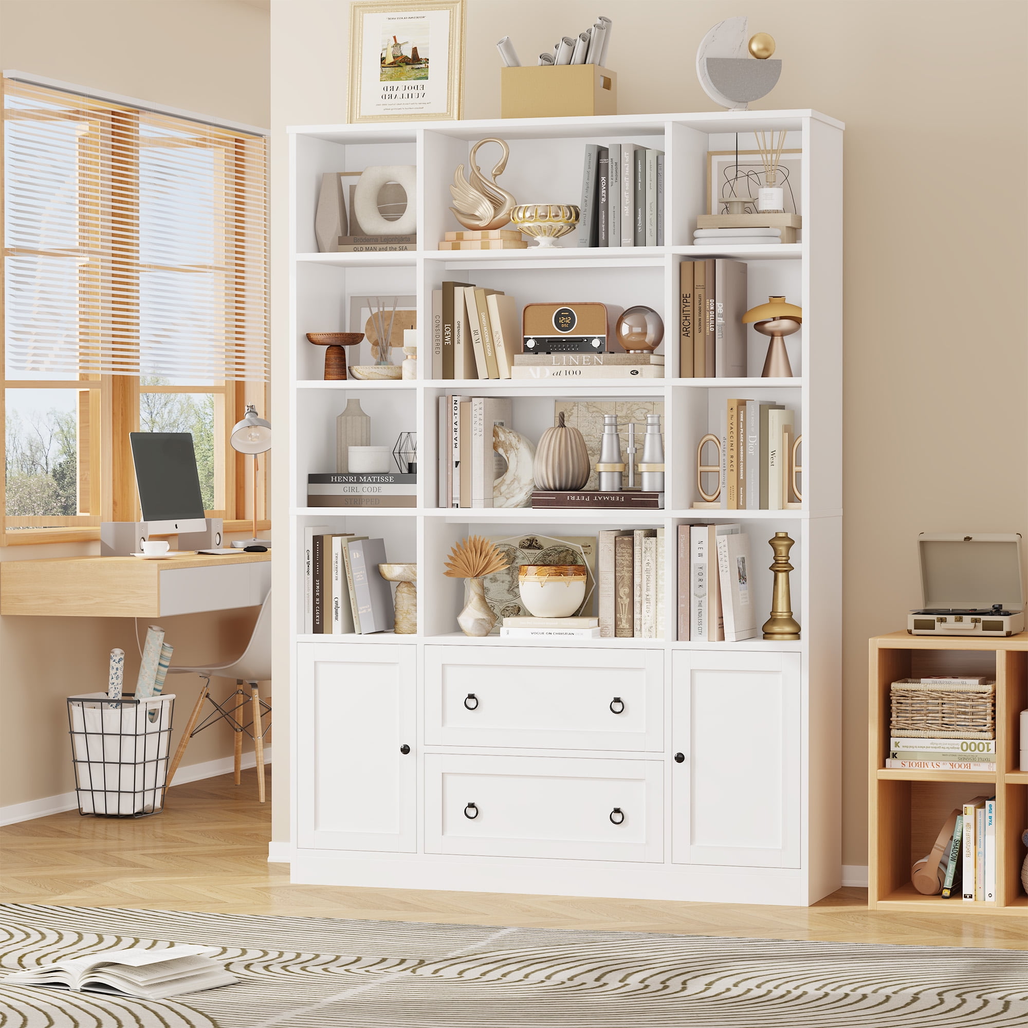 Homfa 12-Cube Tall Bookshelf with Storage Drawers and Doors (White, 71.1 in H x 47.2 in W x 11.8 in D) gkov0