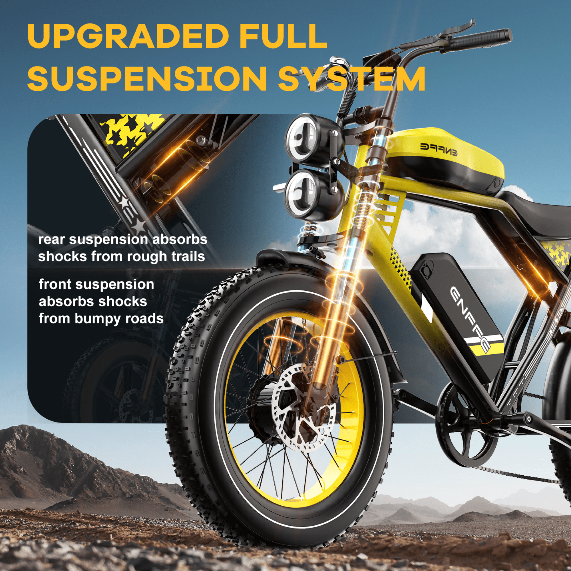 ENFFE 2D Ultra Electric Bike for Adults, 3000W High-Power Off-Road E-Bike, 48V 45Ah Battery, 200-Mile Range, 20 in x 4.0 in Fat Tires (Yellow) kx95b