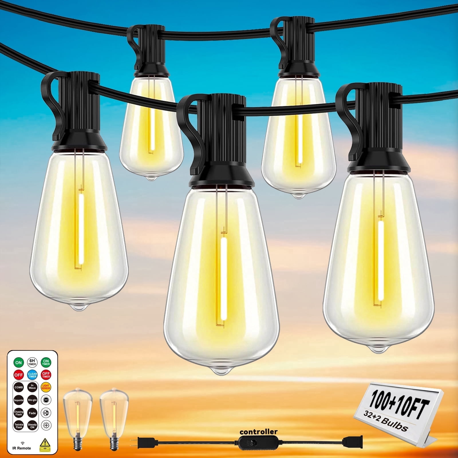 SINAMER LED Outdoor String Lights with Remote, Shatterproof ST38 Edison Bulbs, Waterproof & Weatherproof (Warm White, 110 ft) f6ul1