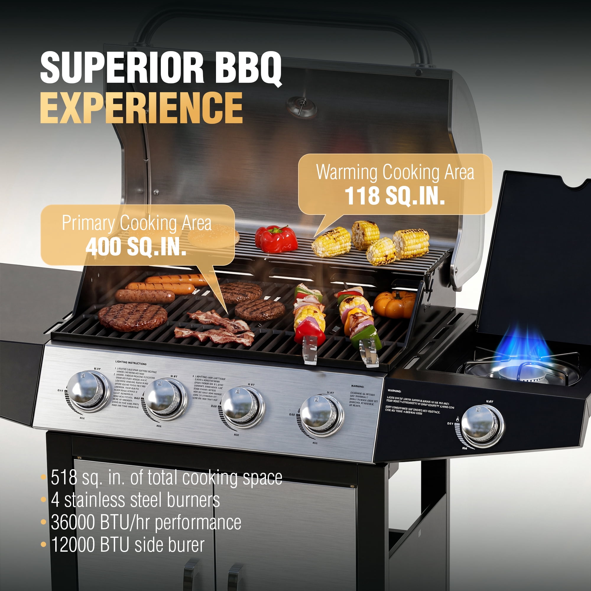 Master Cook 4+1 Burner Propane Gas Grill, Outdoor BBQ Station with Side Stove and Stainless Steel Lid (Silver, 518 Sqin) am193
