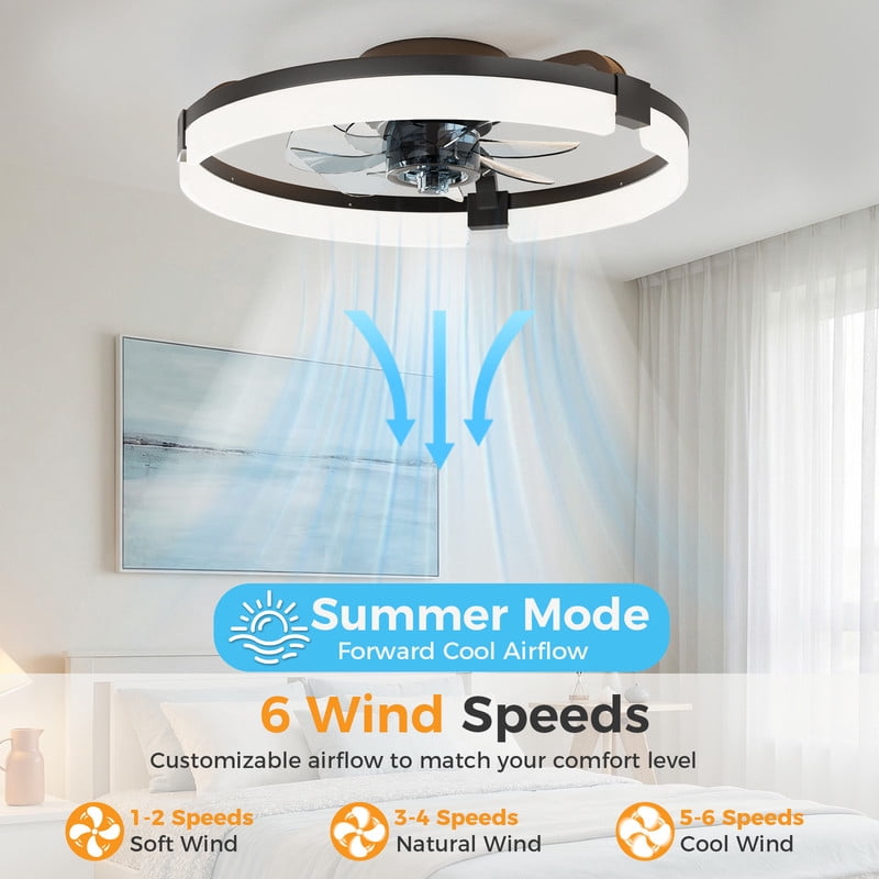 Gianna Low Profile Ceiling Fan with LED Lights, Dimmable Flush Mount Fandelier, 6-Speed Reversible Motor, App Control (Black, 19.7 in) f3z76