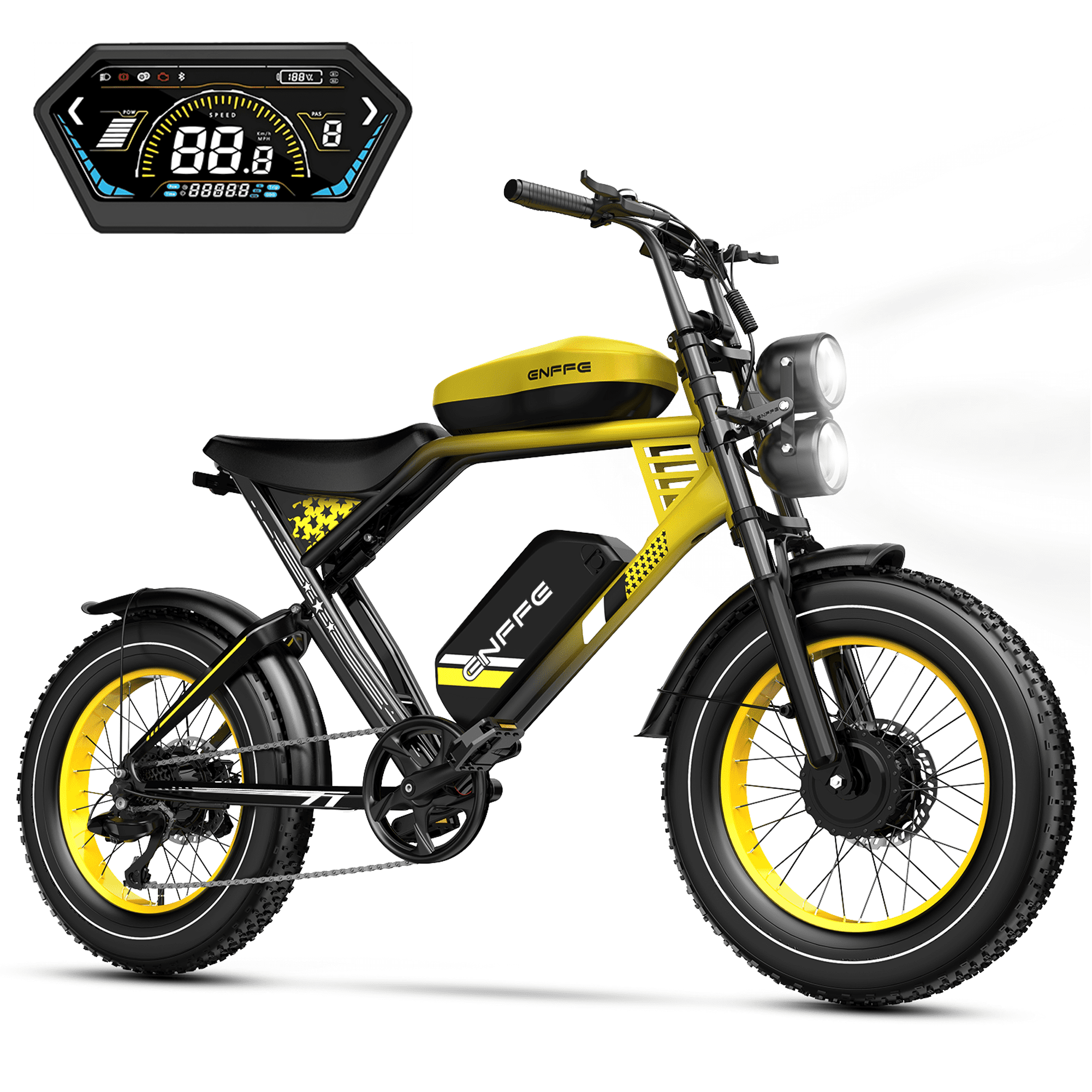 ENFFE 2D Ultra Electric Bike for Adults, 3000W High-Power Off-Road E-Bike, 48V 45Ah Battery, 200-Mile Range, 20 in x 4.0 in Fat Tires (Yellow) kx95b