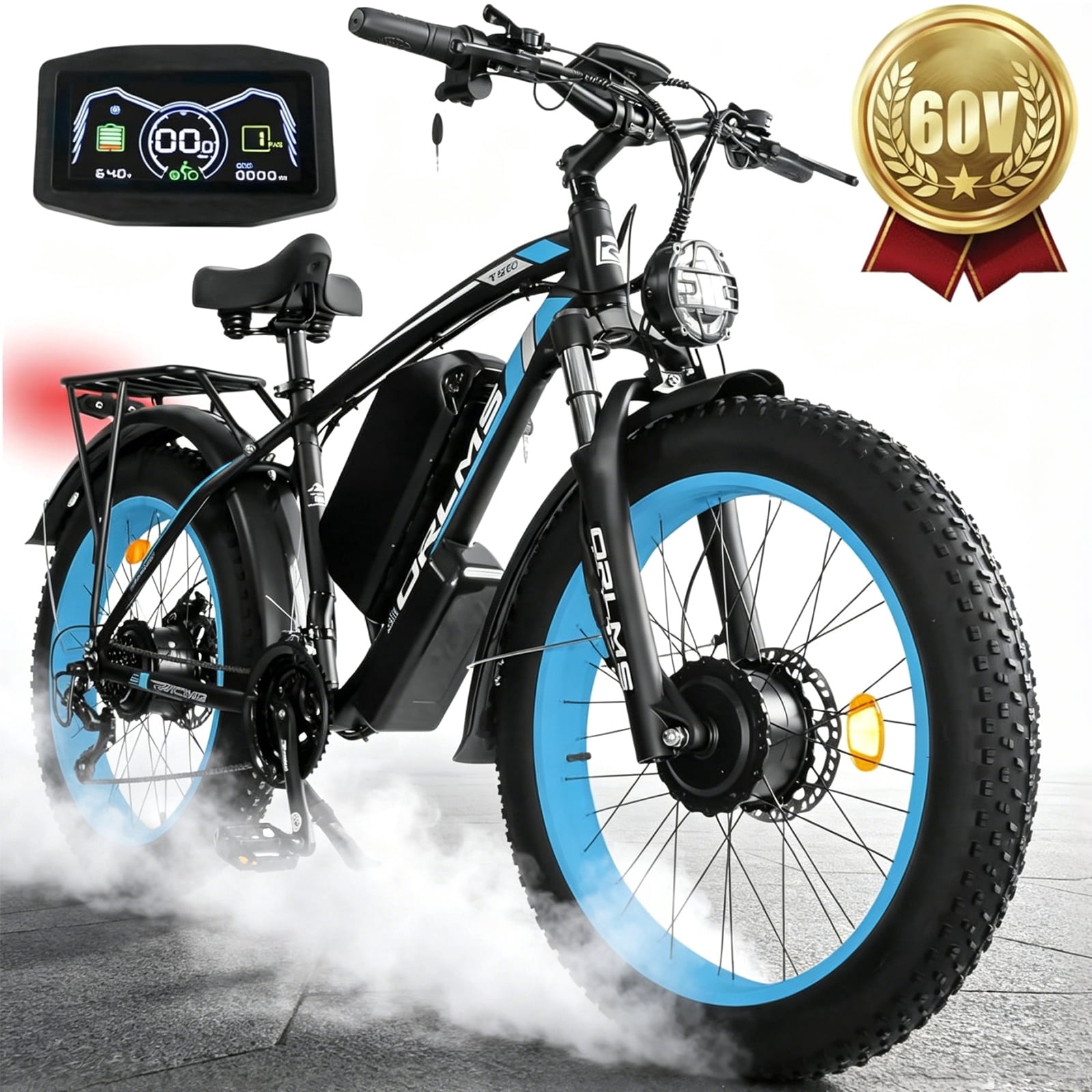 SMLRO Electric Mountain Bike, 5000W Dual-Motor AWD E-Bike, 26 in Fat Tire Off-Road Bicycle (Blue, 60V 25AH) upwri