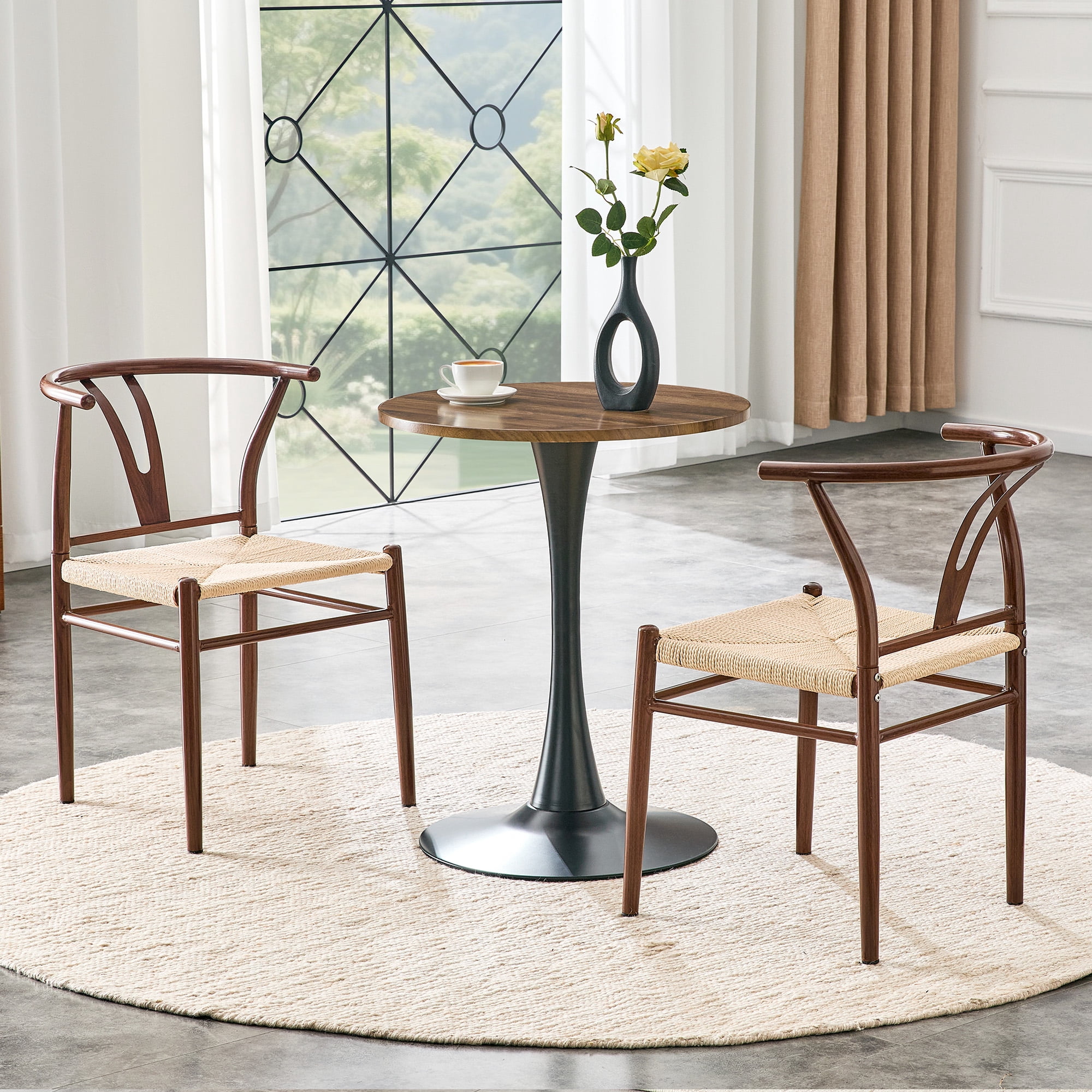 Cekeme Wishbone Dining Chair Set of 2, Mid-Century Modern Y-Shaped Armchair with Woven Seat (Brown, 17.7 in D x 19.6 in W x 29 in H) q5xf2