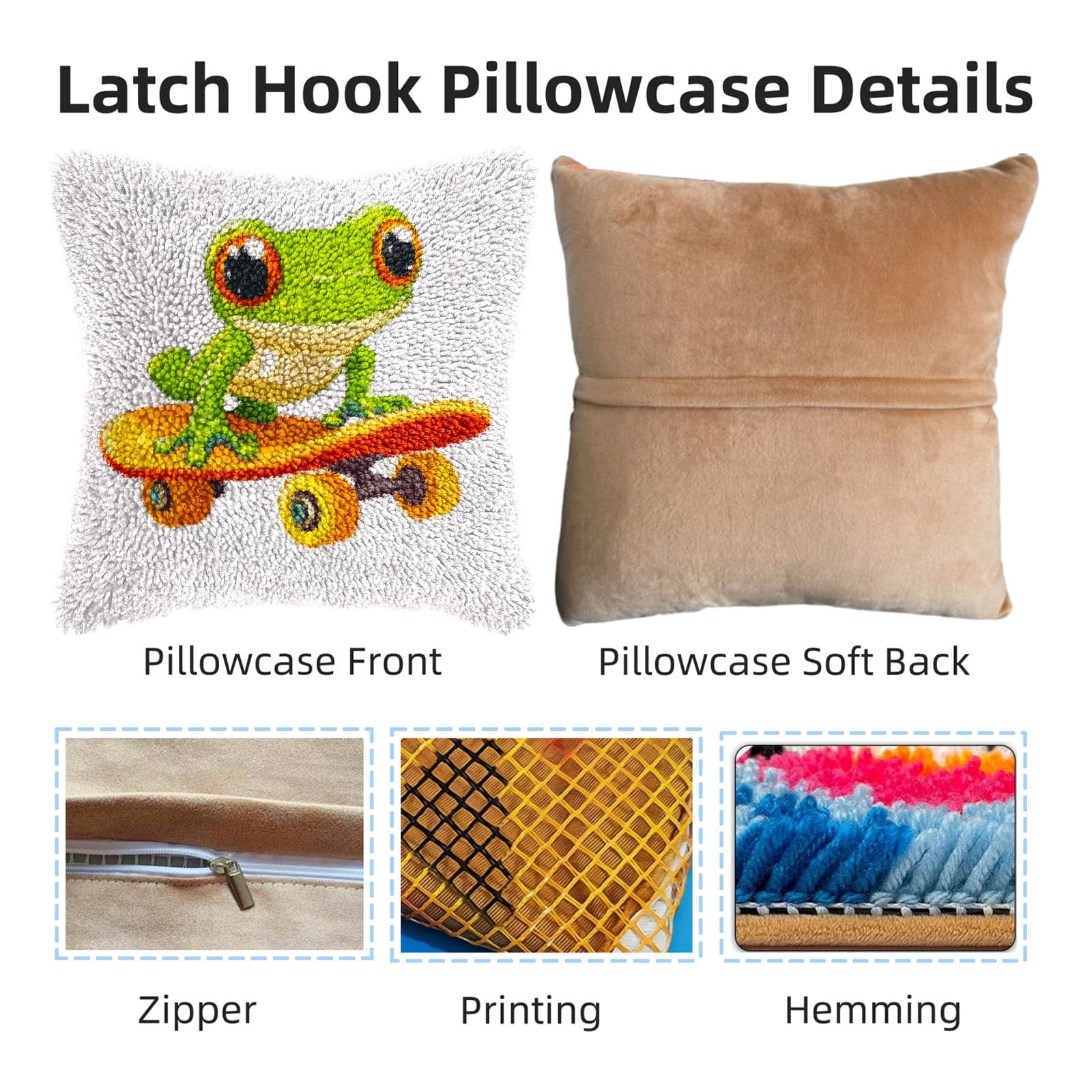 DIY Latch Hook Pillow Kit Cartoon Frog Skateboard Design Handmade Craft Set (17x17 in) 7i6rv