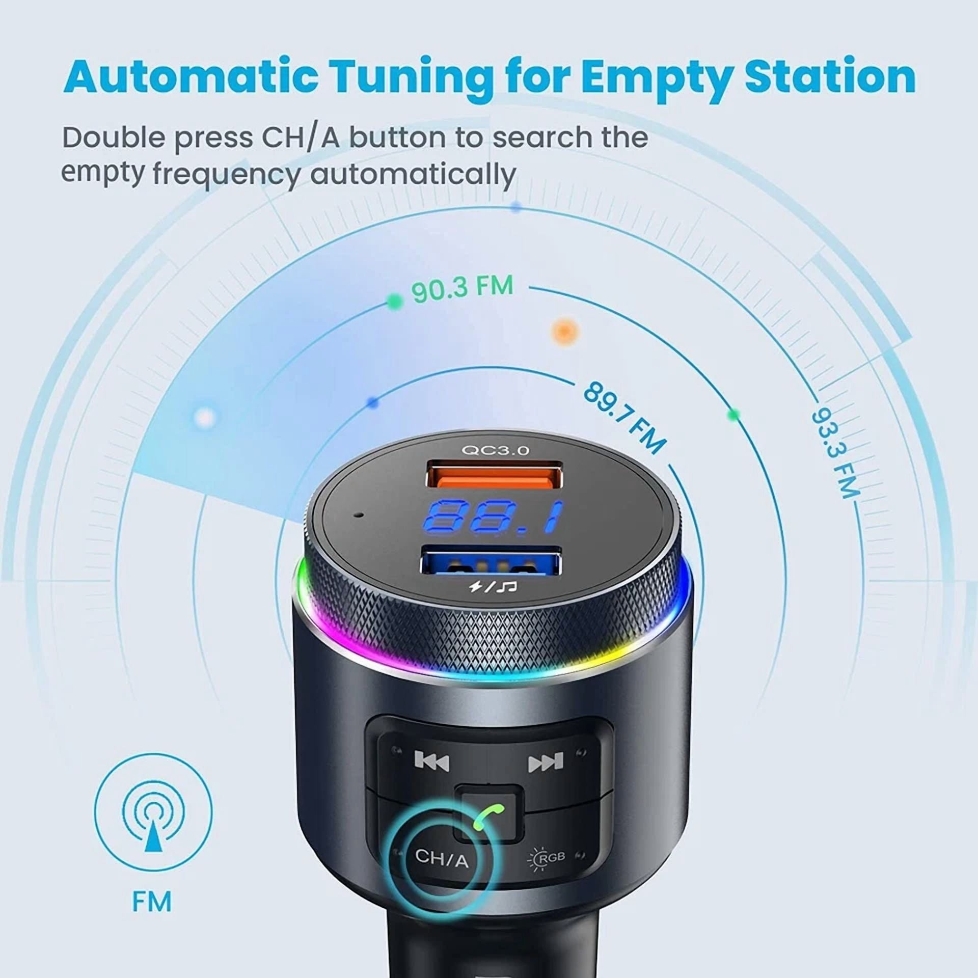 Rhea Bluetooth 5.0 Car FM Transmitter Adapter (Dual USB QC 3.0 Charger, Hands-Free Calling) obxnb