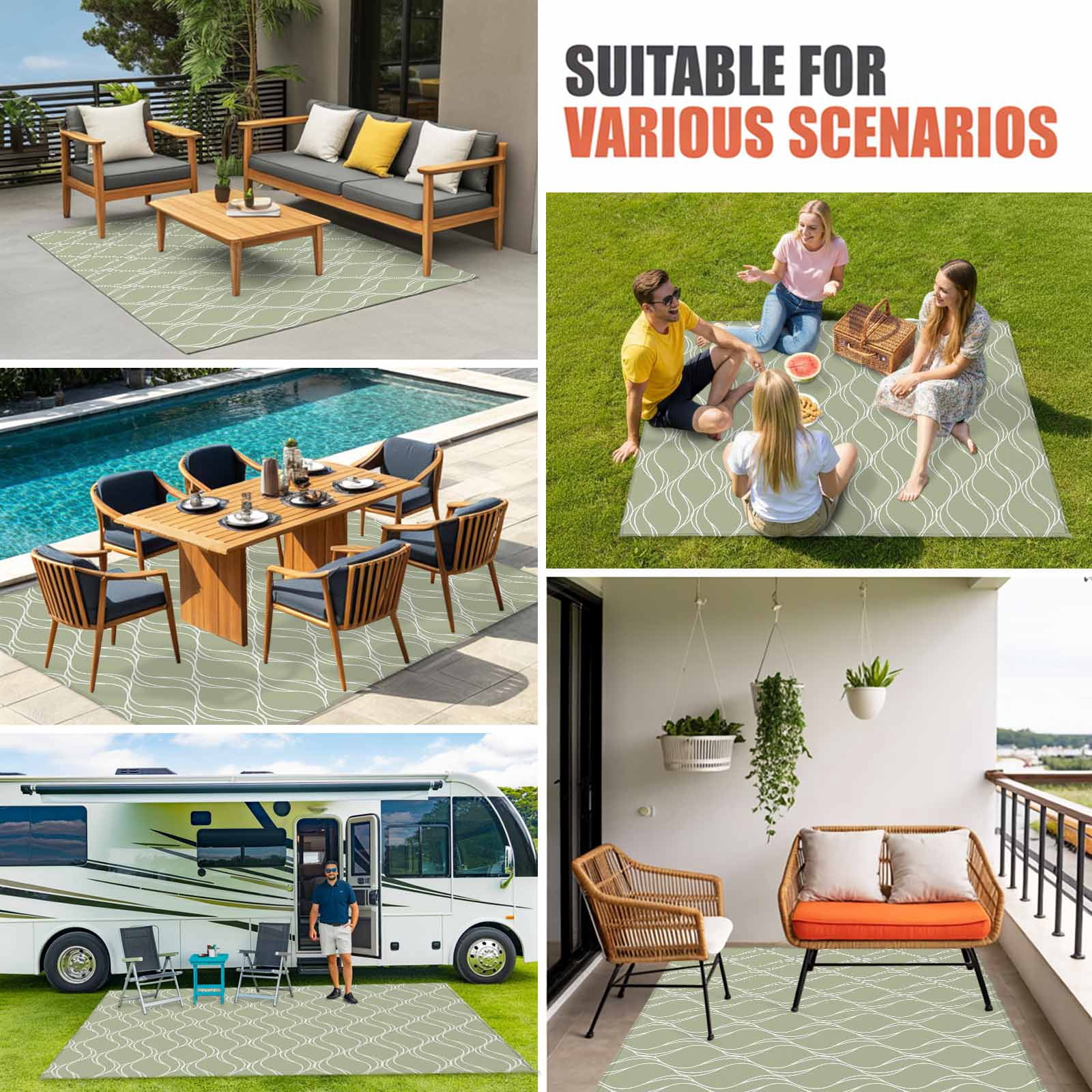 ERUNPONLY Sage Green Striped Outdoor Rug, Non-Slip Washable Geometric Patio Area Rug for Deck Porch Camping (3 ft x 5 ft) ioozk