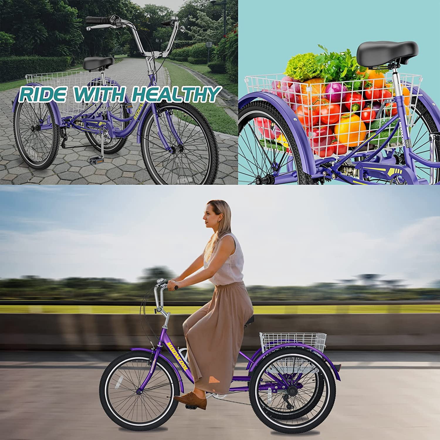 ABORON 7-Speed Adult Tricycle, 3-Wheel Cruiser Bike with Large Cargo Basket (24 in) zljwa