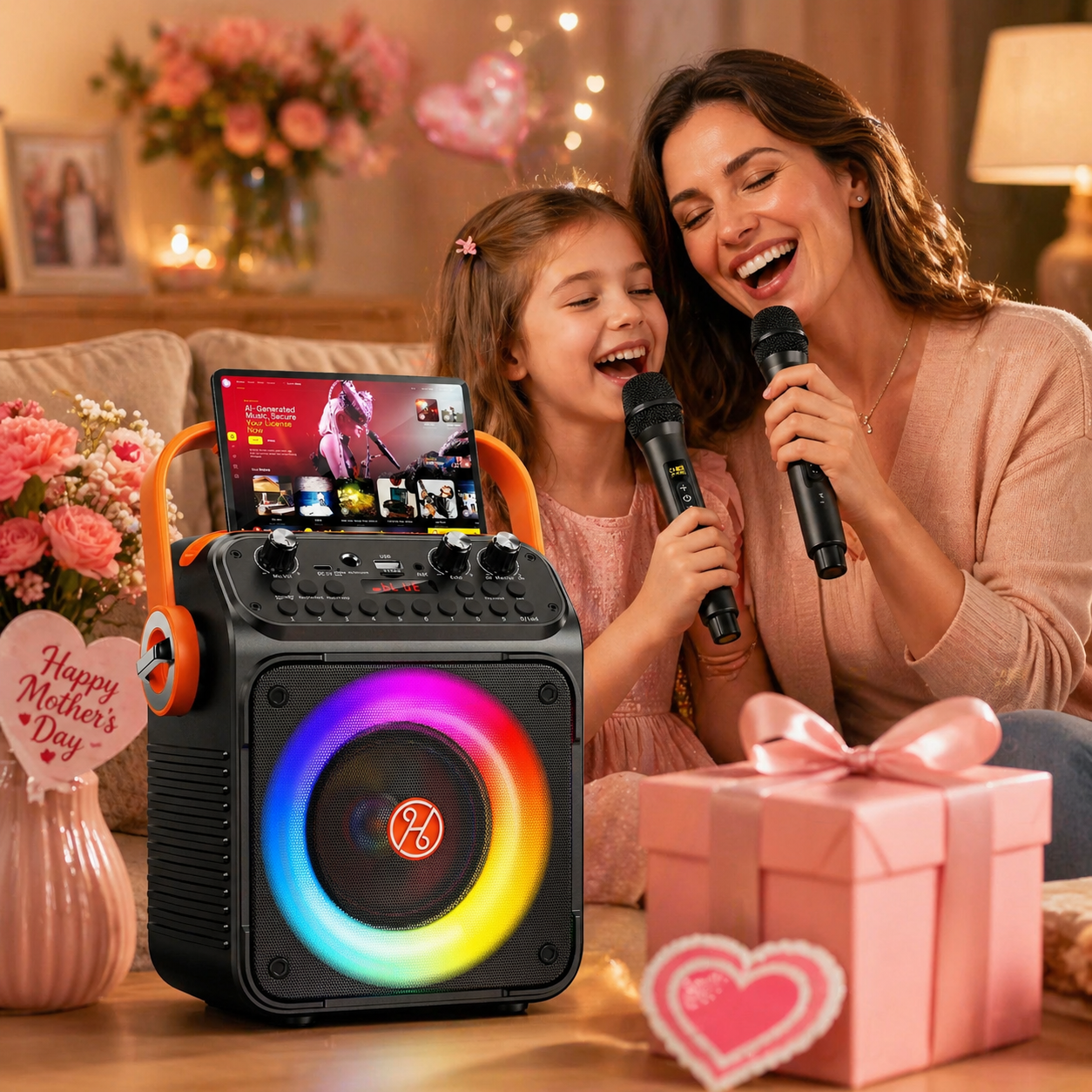 JAUYXIAN Portable Karaoke Machine with 2 Wireless Microphones, Bluetooth Speaker and LED Party Lights (Black, 4.6 lb) jkp9a