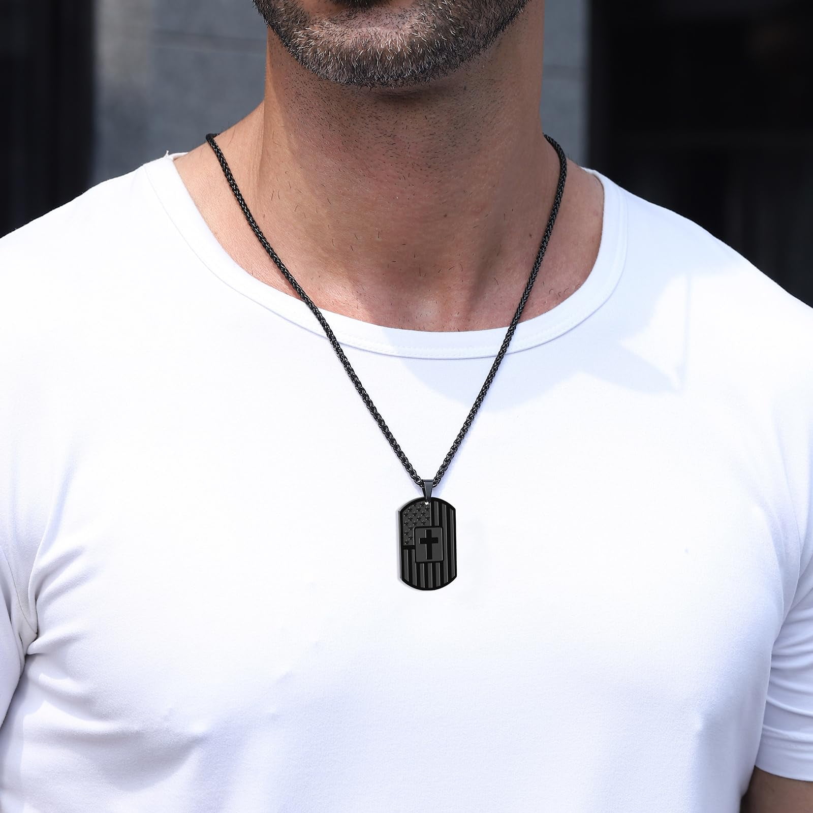 APSVO American Flag Dog Tag Cross Necklace for Men (Black, 24 in) zzlma