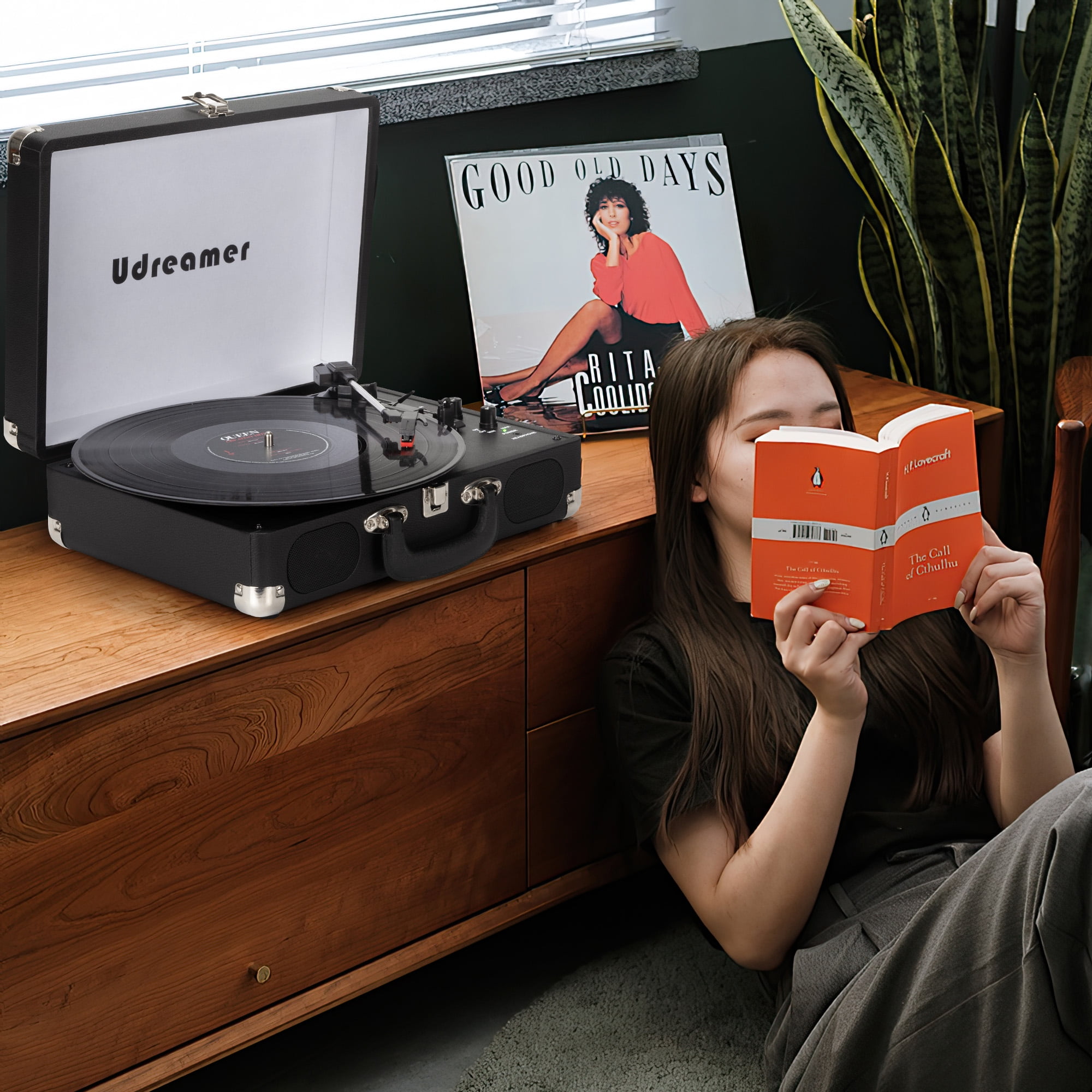 Udreamer Portable Suitcase Vinyl Record Player with Built-in Speakers (Black) 61avj