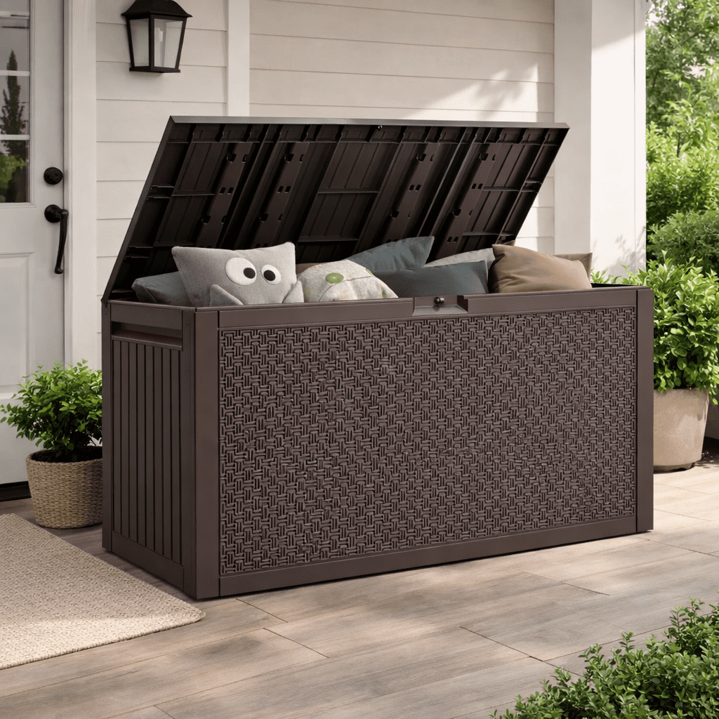 Seizeen Outdoor Storage Deck Box, Waterproof Resin Patio Bench with Lockable Lid (Brown, 90 Gallon) 0k5q1