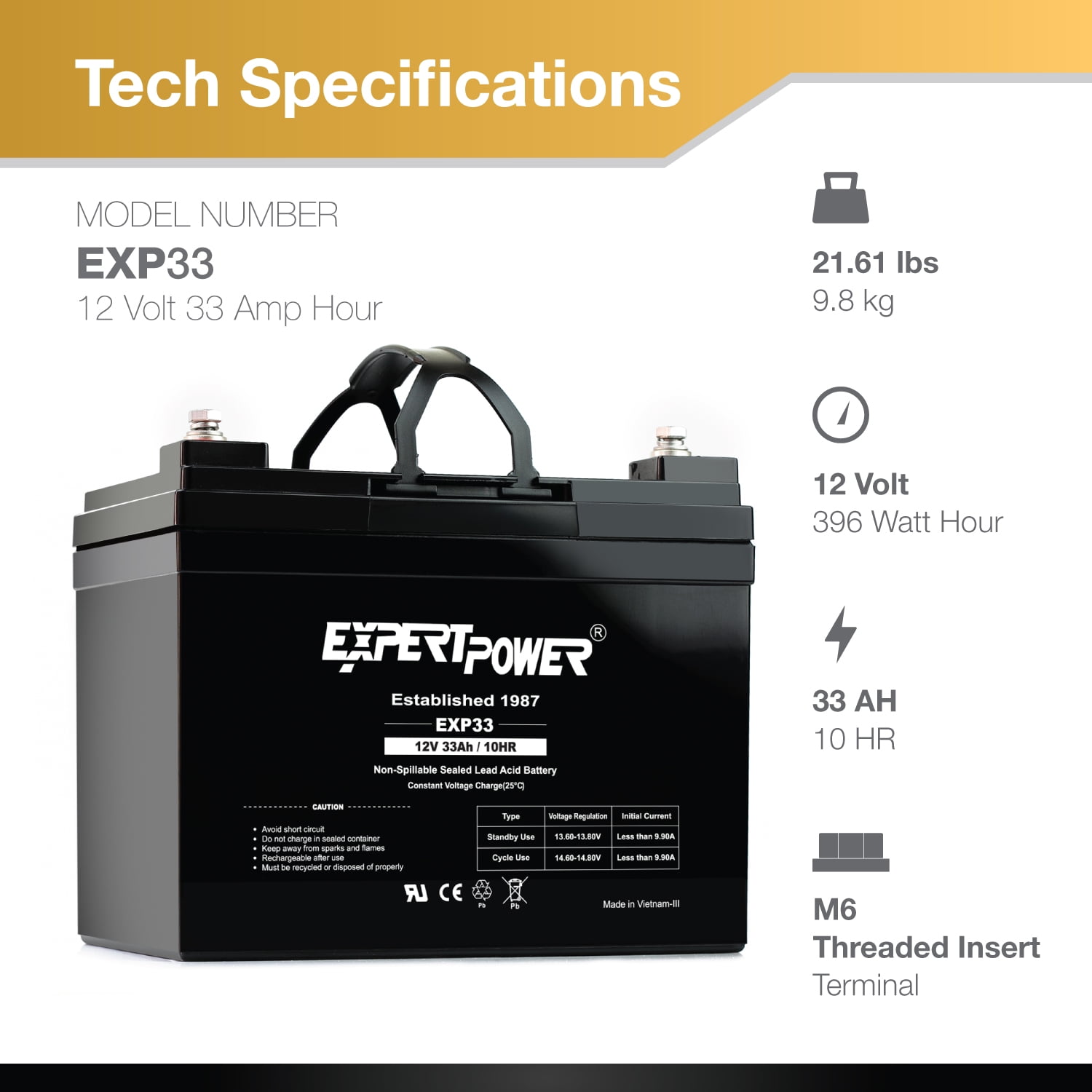 ExpertPower 12V 33Ah Rechargeable Deep Cycle AGM Battery (12V, 33Ah) 4raos