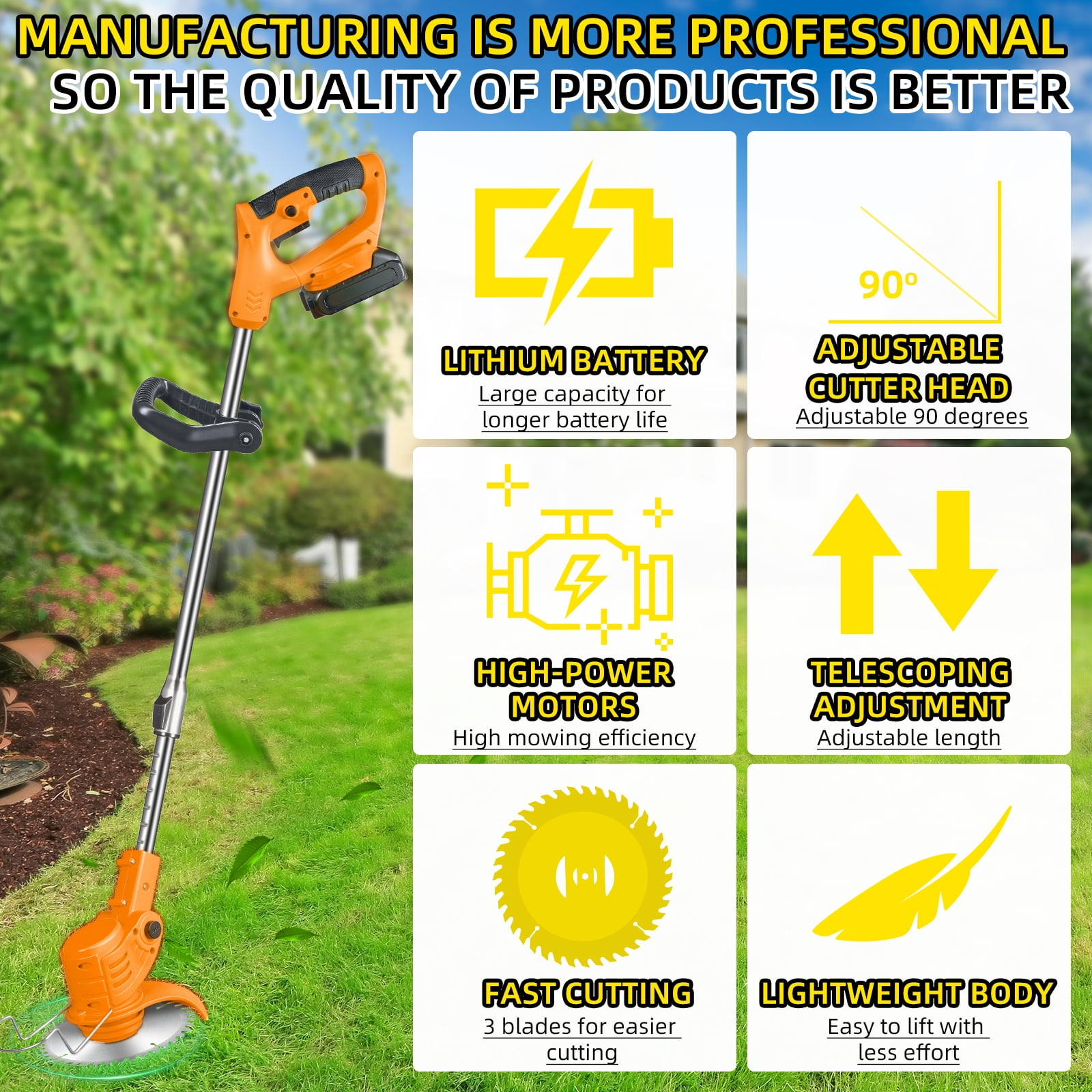 KingFurt Cordless String Trimmer with Wheels, 3-in-1 Lawn Edger and Brush Cutter (Yellow, 31 in to 45 in) a88dr