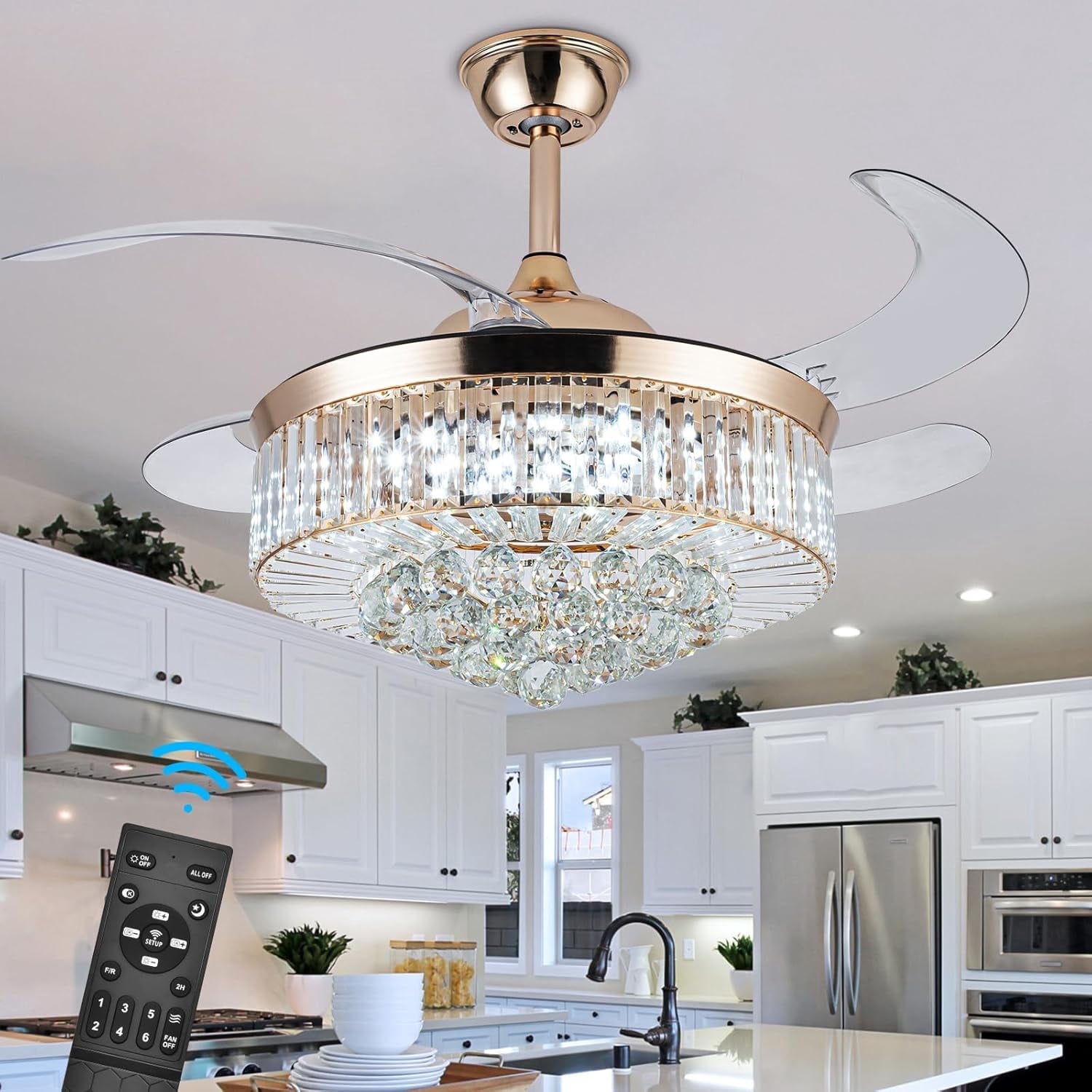 Datingday 42 in Crystal Ceiling Fan Chandelier with Remote (Gold, 42 in) exti6