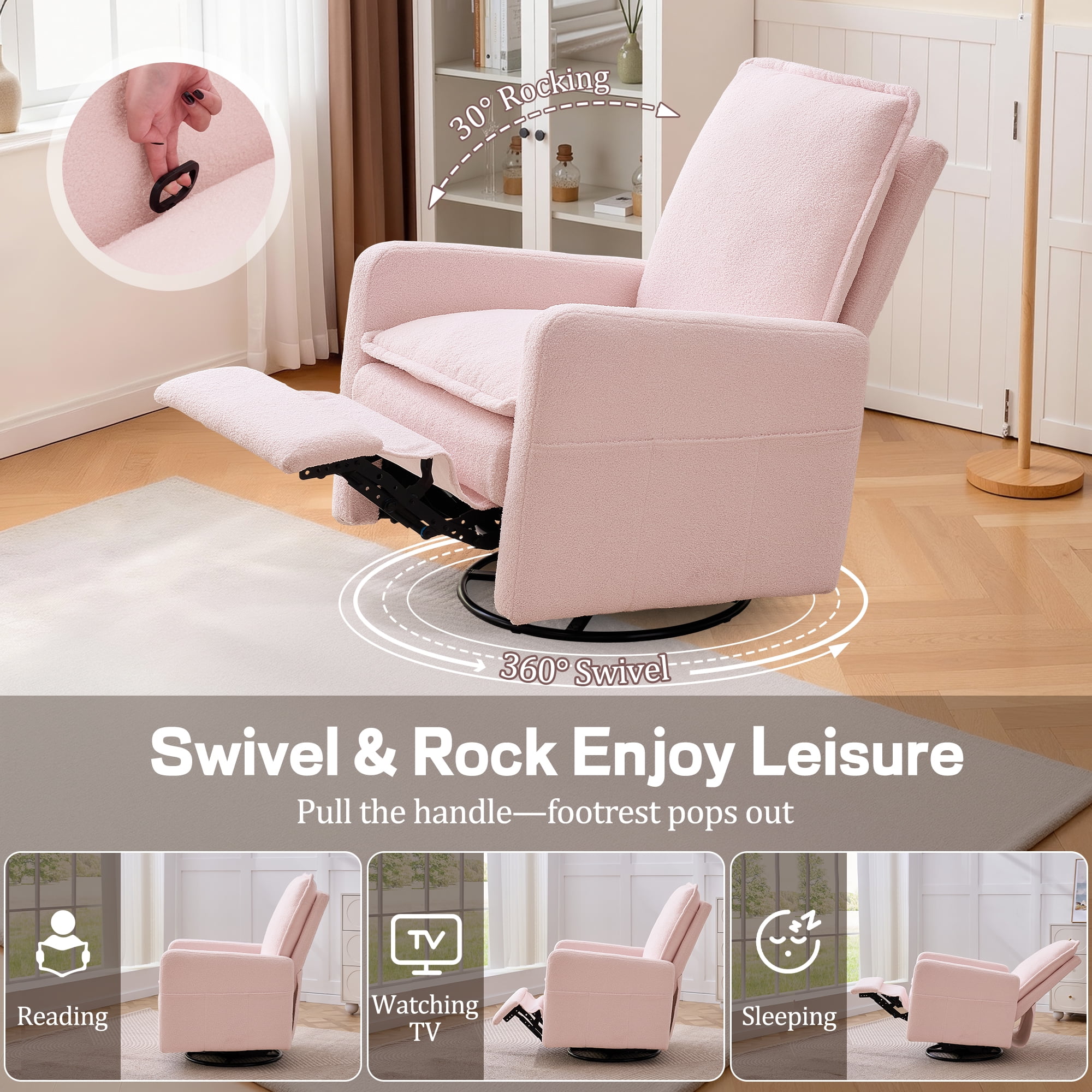 Korser Swivel Rocker Recliner Chair with Side Pockets, Ergonomic Nursery Glider for Living Room (Pink, 27.17 in W x 40.55 in H) 0ndfg