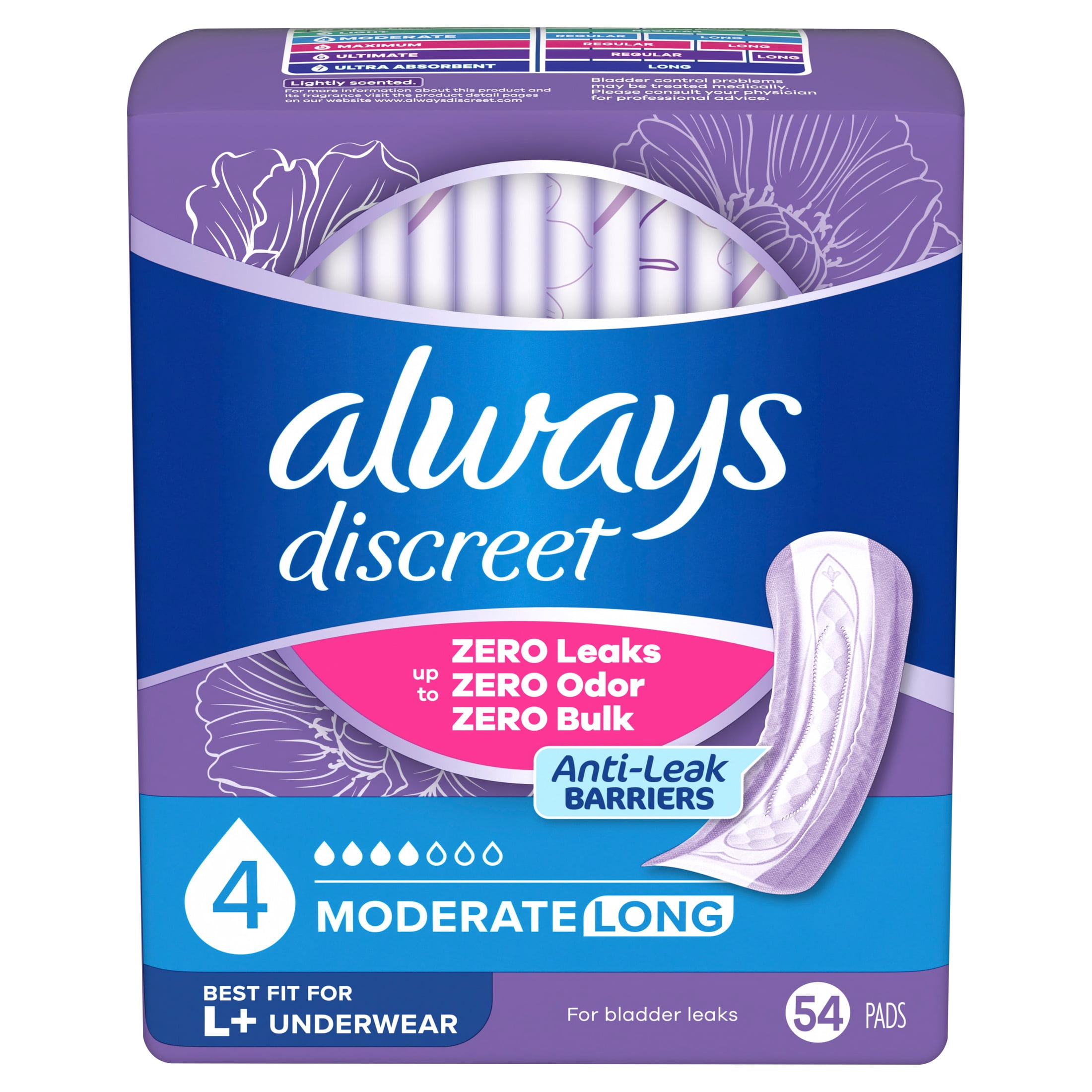 Always Discreet Incontinence Pads, Moderate Absorbency, Long Length (54 Count) p4zy0