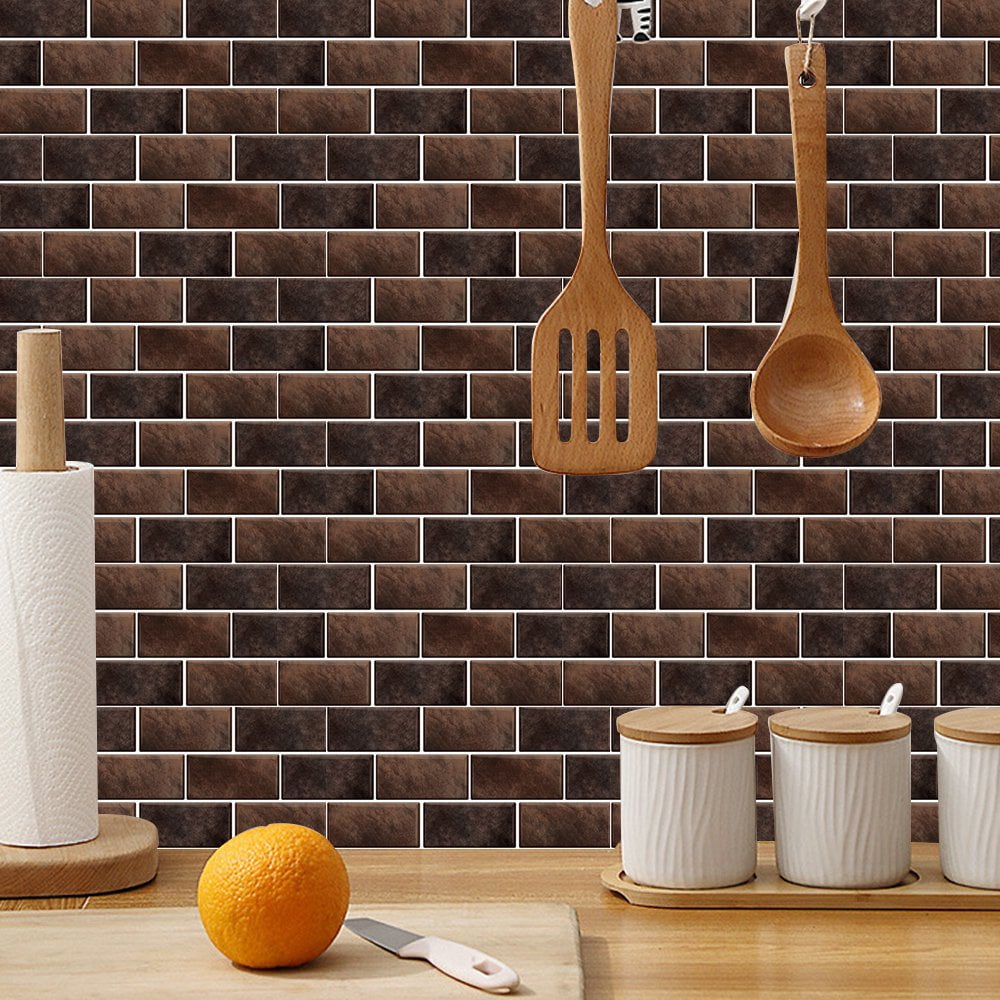 FUDAKUNA Peel and Stick Wall Tiles Waterproof Vinyl Mosaic Backsplash Decals (Brown, 6 Pieces, 11.8 x 5.9 in) e5jqn