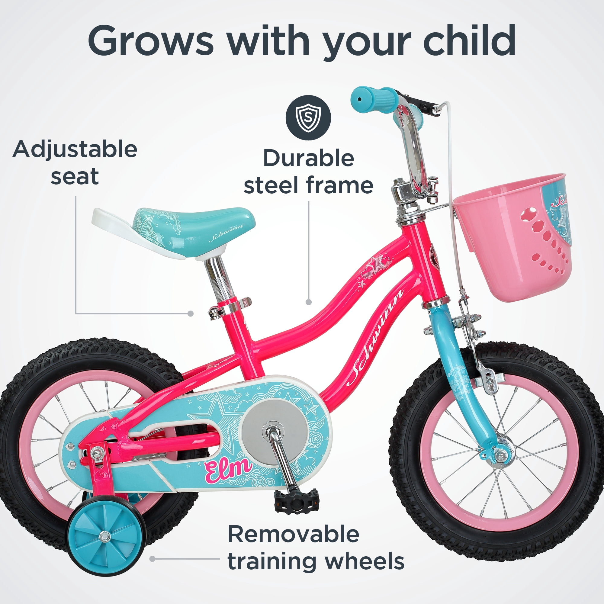 Schwinn Elm Kids Bike with Training Wheels and Basket (Pink, 12 in) 5ove4