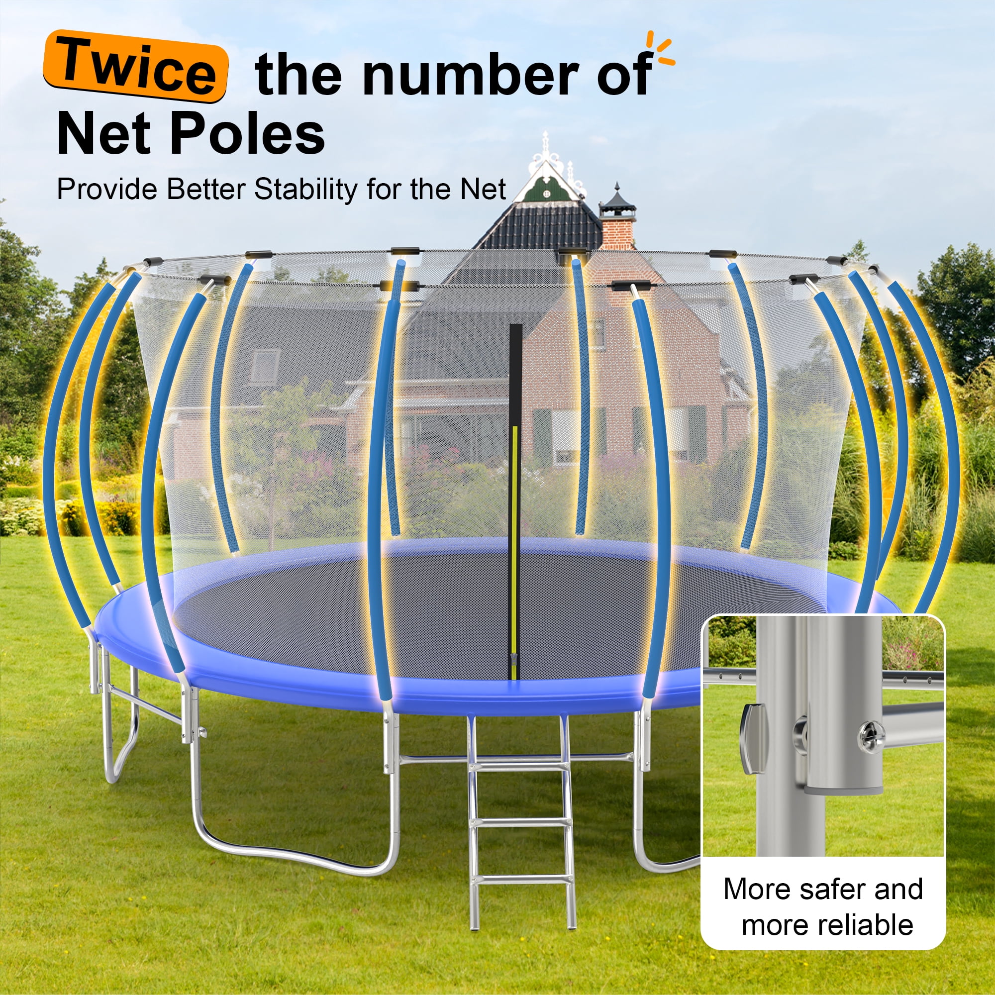 Ovatoys 16 ft Recreational Trampoline with Safety Enclosure and Ladder (Blue, 1600 lb Capacity) 1tcat
