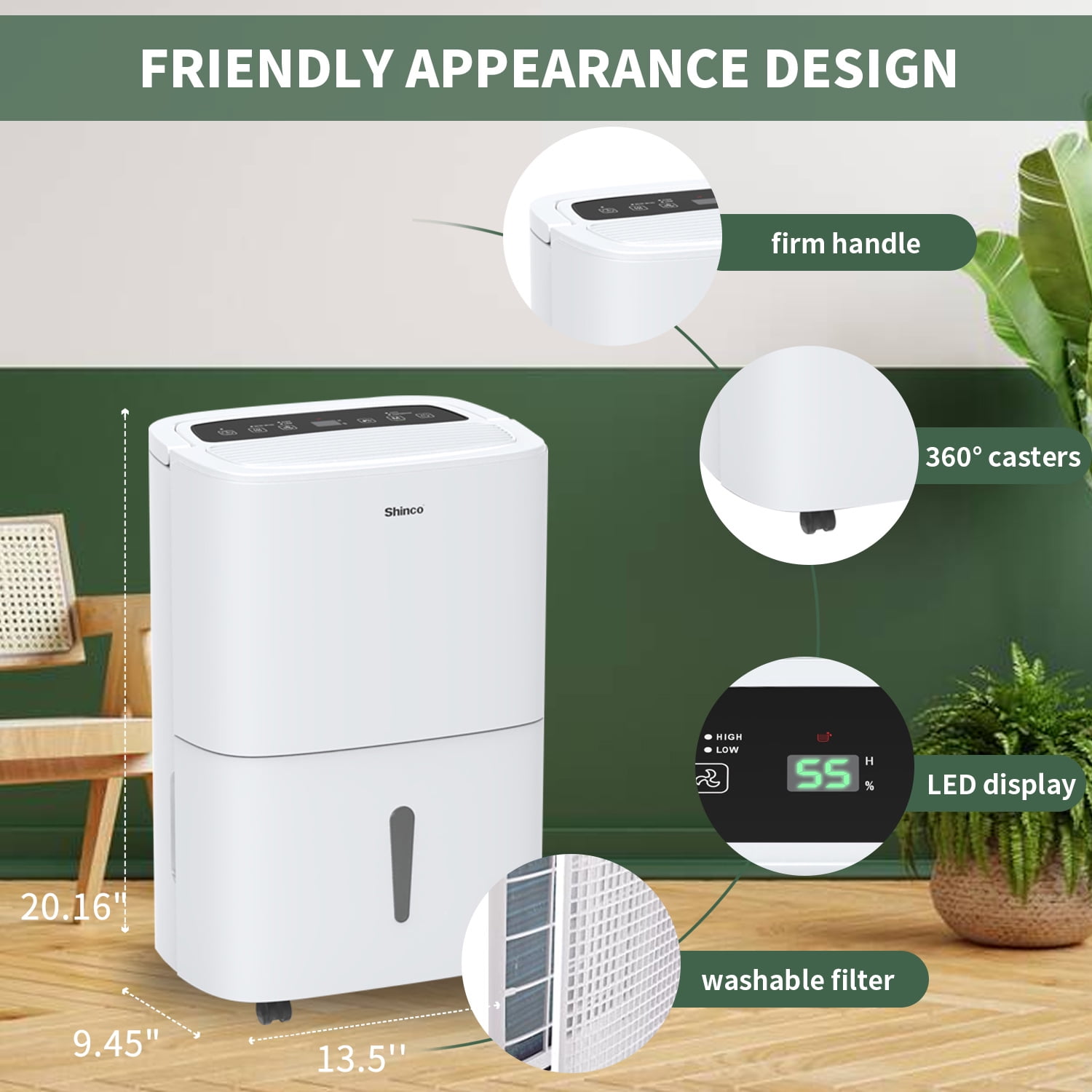 Shinco Energy Star Dehumidifier with WiFi for Large Rooms and Basements (White, 1.32 Gallons) s67hx
