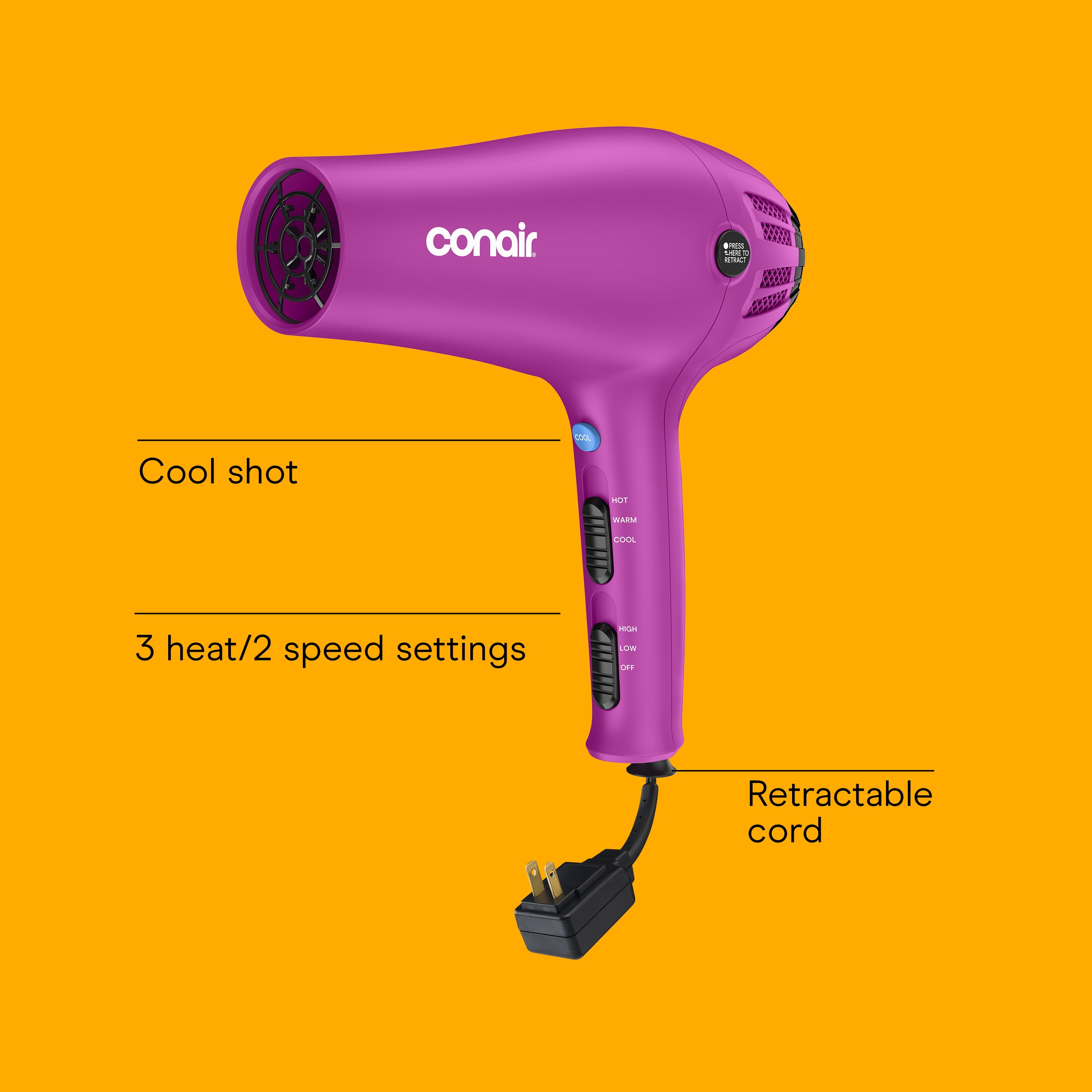 Conair Ionic Ceramic Cord-Keeper Hair Dryer with Retractable Cord, Diffuser and Concentrator (Pink, 1 Unit) 0gz0s