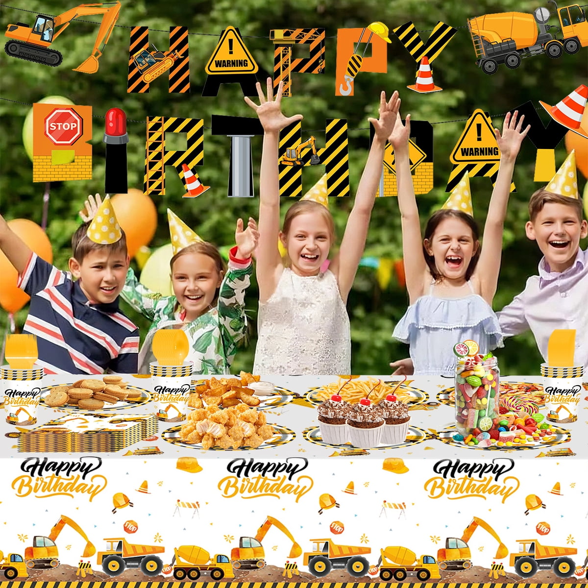 Kabuer Construction Birthday Party Supplies Set with Plates Napkins and Tablecloth (Serves 24) tdq6f