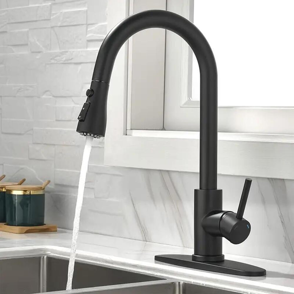 Senlesen High Arc Pull Down Kitchen Faucet with Sprayer and Deck Plate (Matte Black, 15.7 in) v1rit
