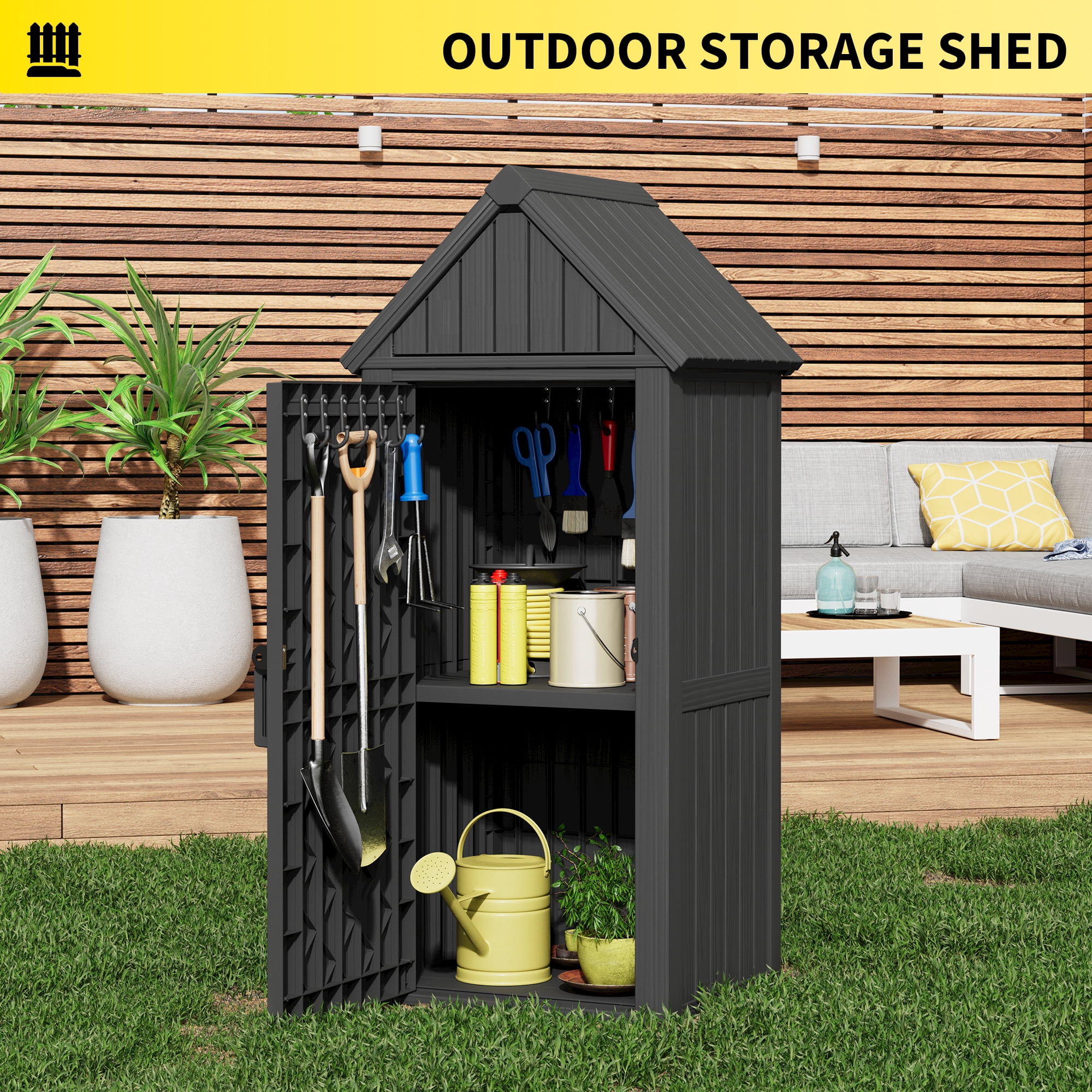 Bifanuo Outdoor Storage Shed, Weatherproof Garden Tool Cabinet with Shelves and Hooks (Black, 47.5 in x 72.9 in x 81.9 in) 39njr