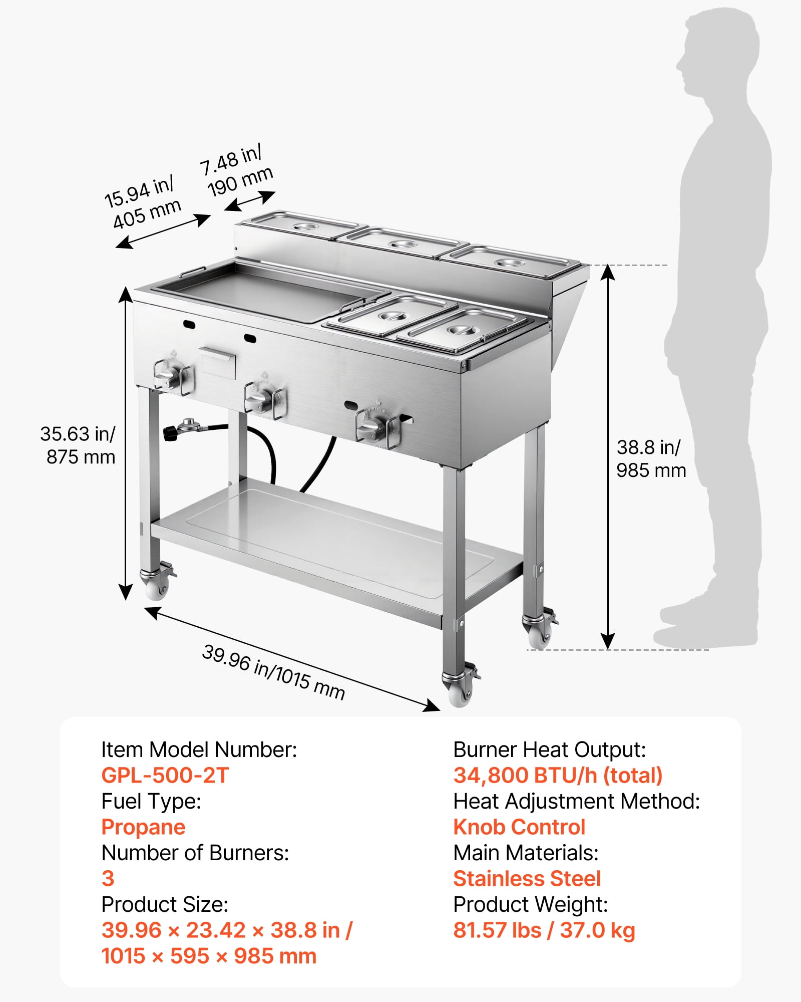 VEVOR Outdoor Propane Griddle, 3-Burner Commercial Stainless Steel Cooking Station with Warming Pans and Portable Cart (34,800 BTU) ednun