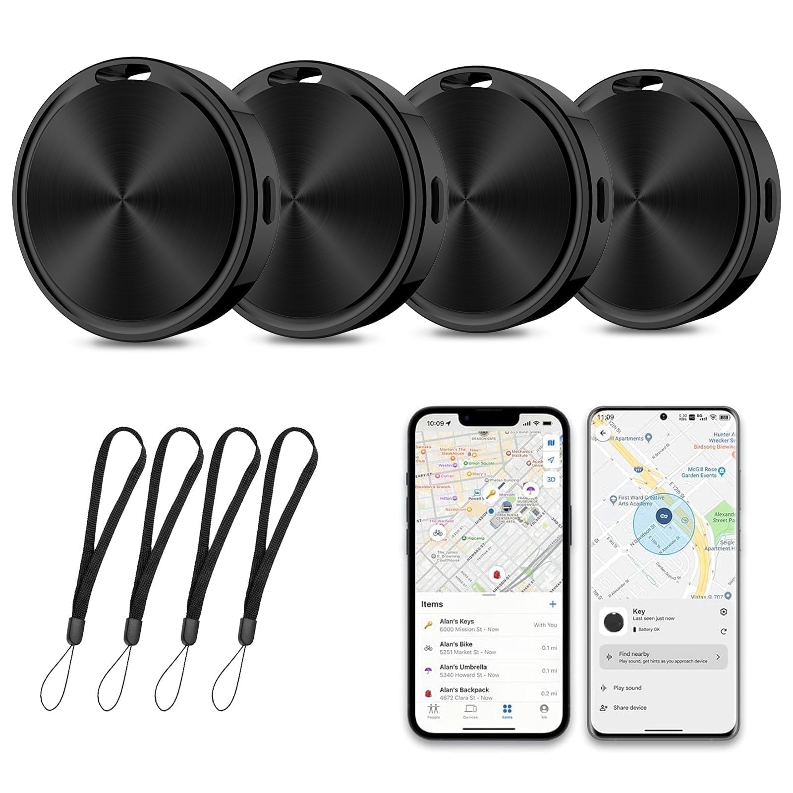 DIAMOOKY Smart Item Finder GPS Tracker for Keys and Luggage (Black, 4 Pack) t1uha