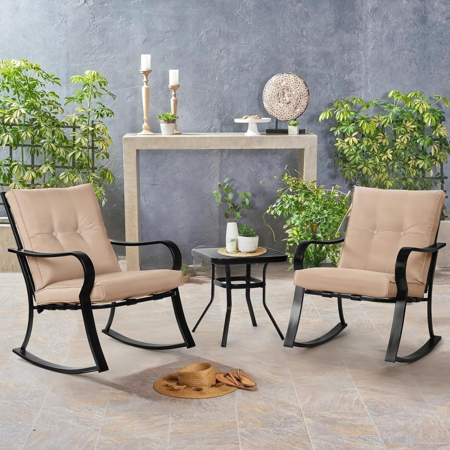 SOLAURA 3-Piece Outdoor Rocking Chair Bistro Set, Patio Furniture with Thickened Cushions and Glass-Top Coffee Table (Black, 3-Piece Set) 3g34t