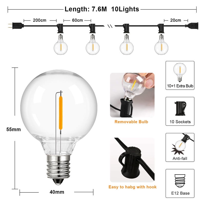 Grensk G40 LED String Lights, Waterproof Dimmable Patio Globe Lights with 25 Shatterproof Bulbs (Warm White, 25 ft) tiwxg