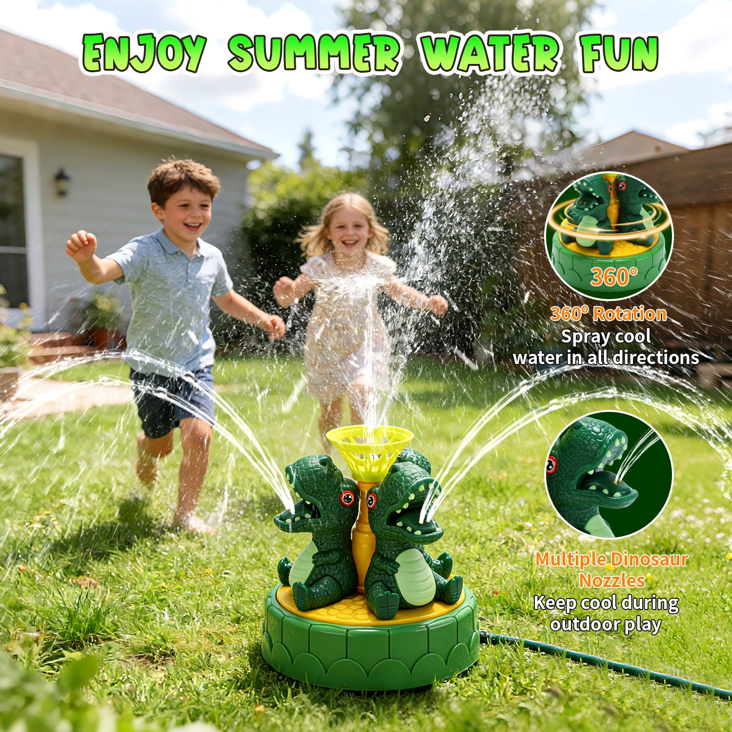JoyStone 2-in-1 Dinosaur Water Sprinkler and Baseball Batting Game (Green, 1 Set) xrayq