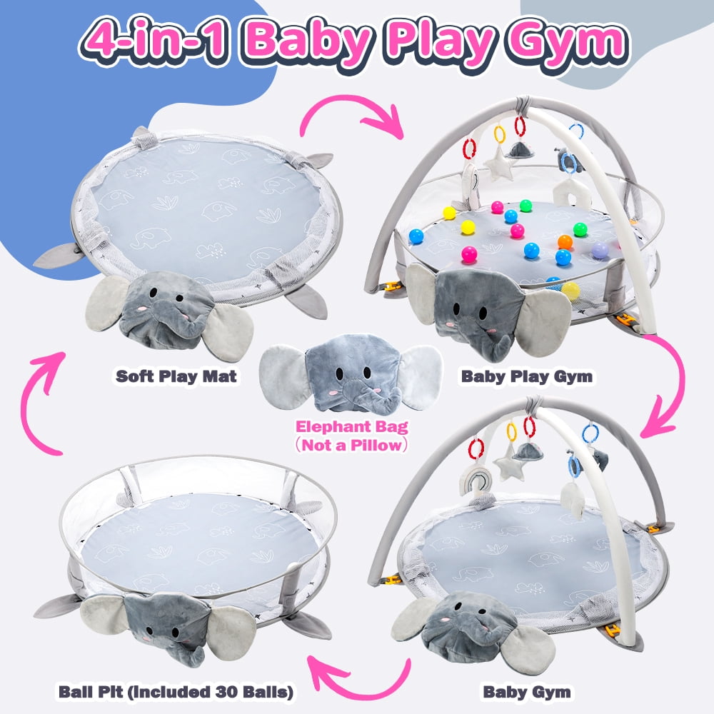 JoyStone 5-in-1 Elephant Baby Gym Play Mat with 30 Balls, Sensory Tummy Time Activity Center (Grey) 396w7