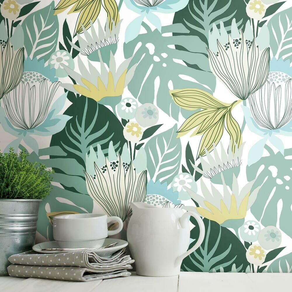 RoomMates Retro Tropical Leaves Peel and Stick Wallpaper (Pink, 20.5 in x 16.5 ft) jncuq